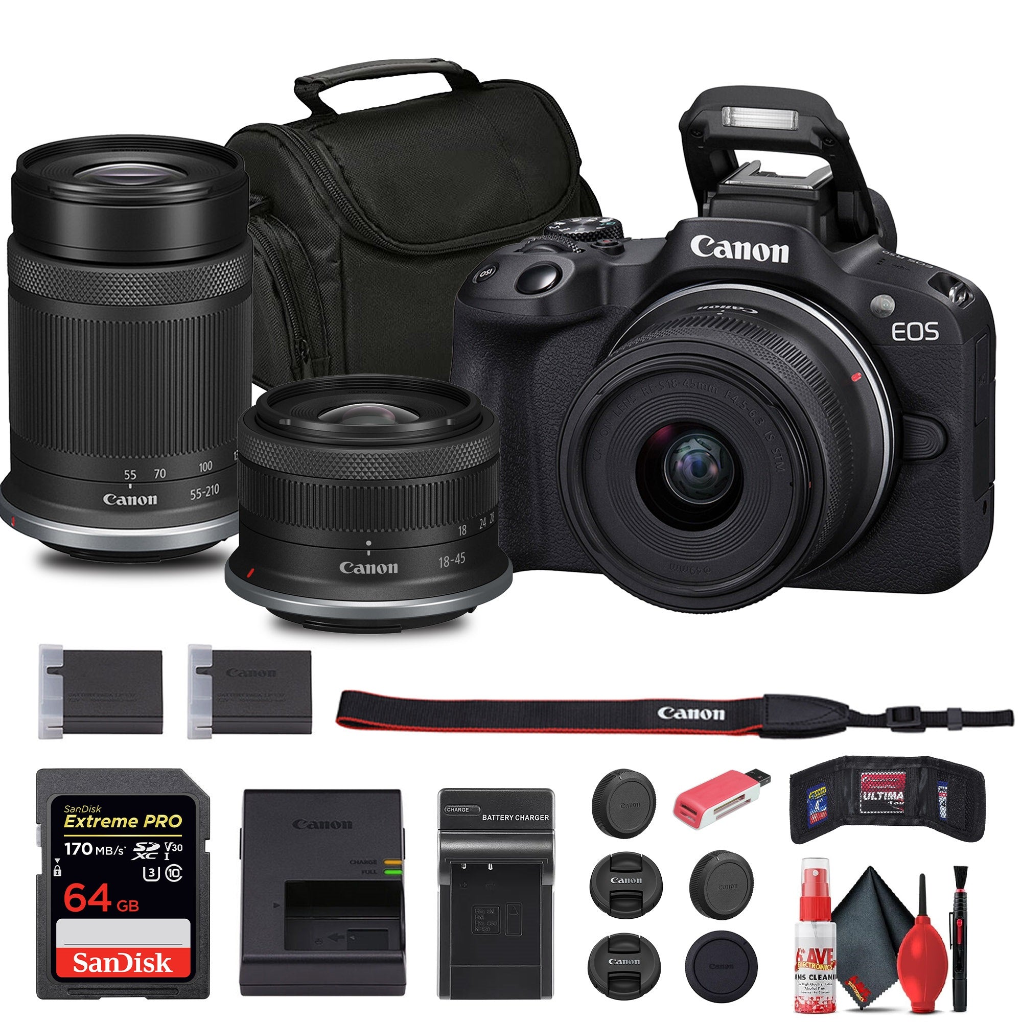 Canon EOS R50 Mirrorless Camera with 18-45mm and 55-210mm Lenses+ 64GB Card + Bag + Charger + More