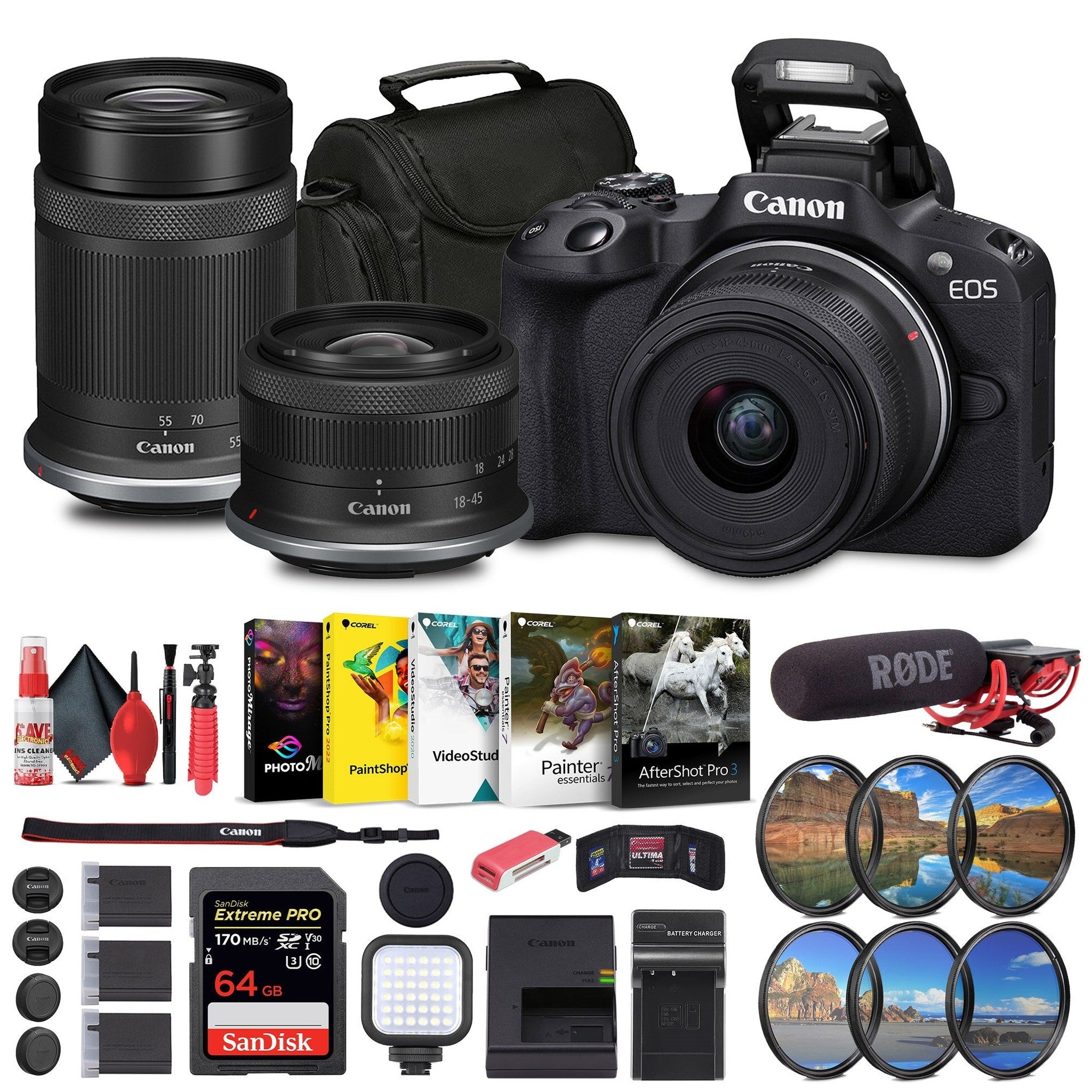 Canon EOS R50 Mirrorless Camera with 18-45mm and 55-210mm Lenses+ 64GB Card + Bag + Charger + More