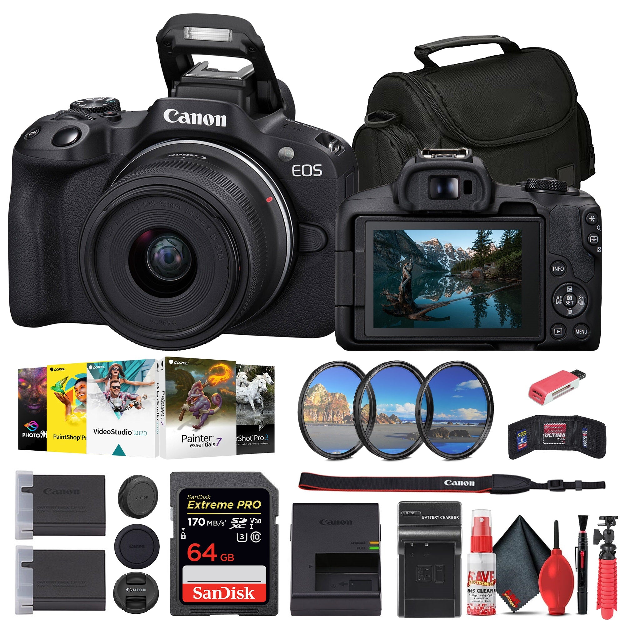 Canon EOS R50 Mirrorless Camera with 18-45mm Lens + 64GB Card + Bag + More