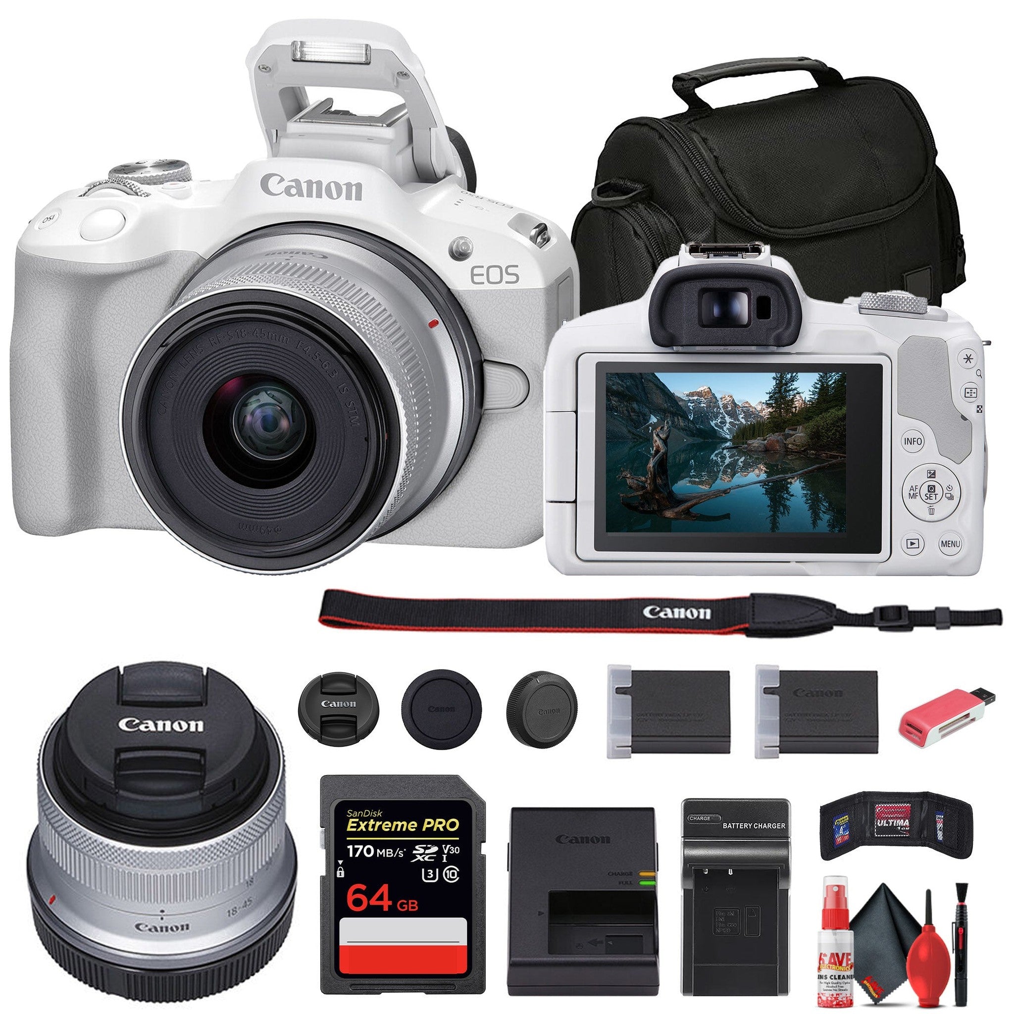 Canon EOS R50 Mirrorless Camera with 18-45mm Lens White + 64GB Card + Bag + More