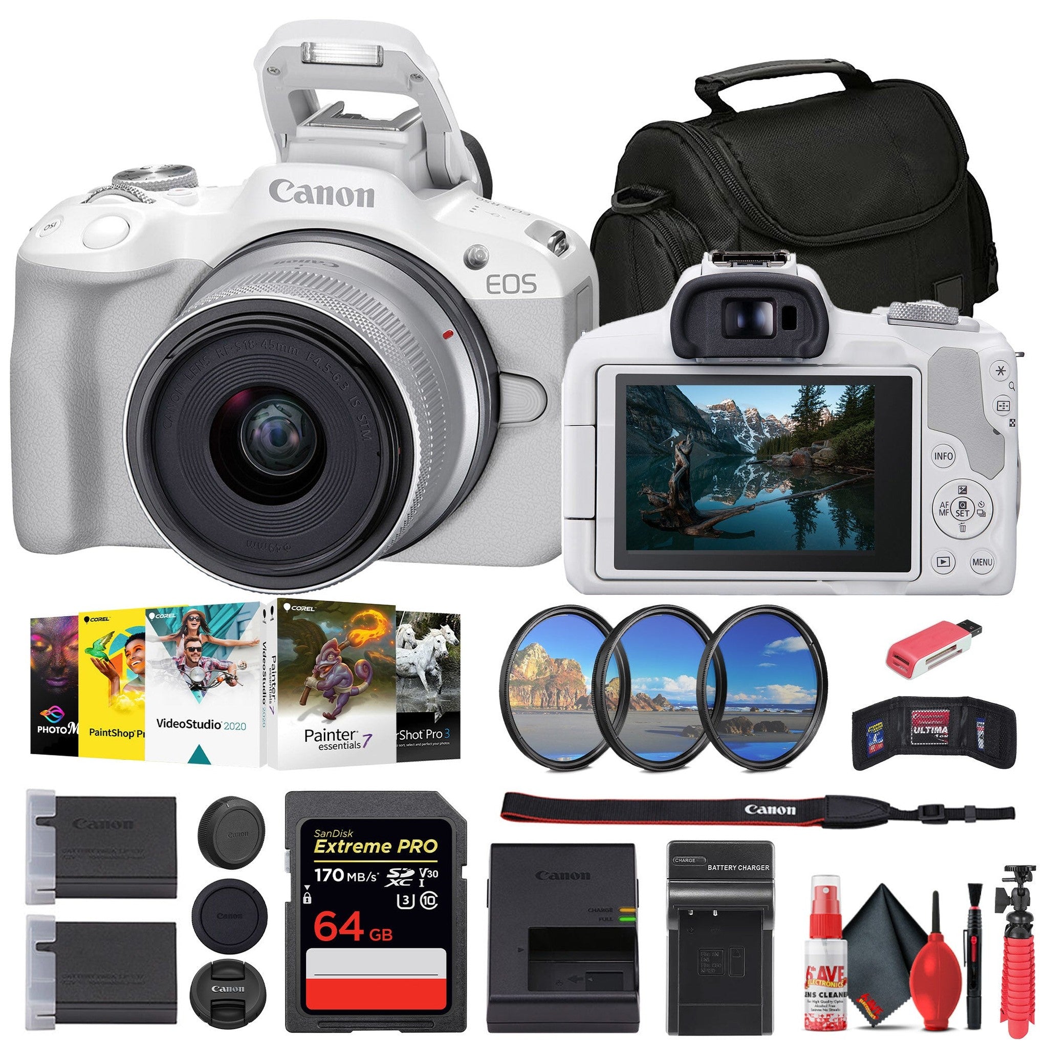 Canon EOS R50 Mirrorless Camera with 18-45mm Lens White + 64GB Card + Bag + More