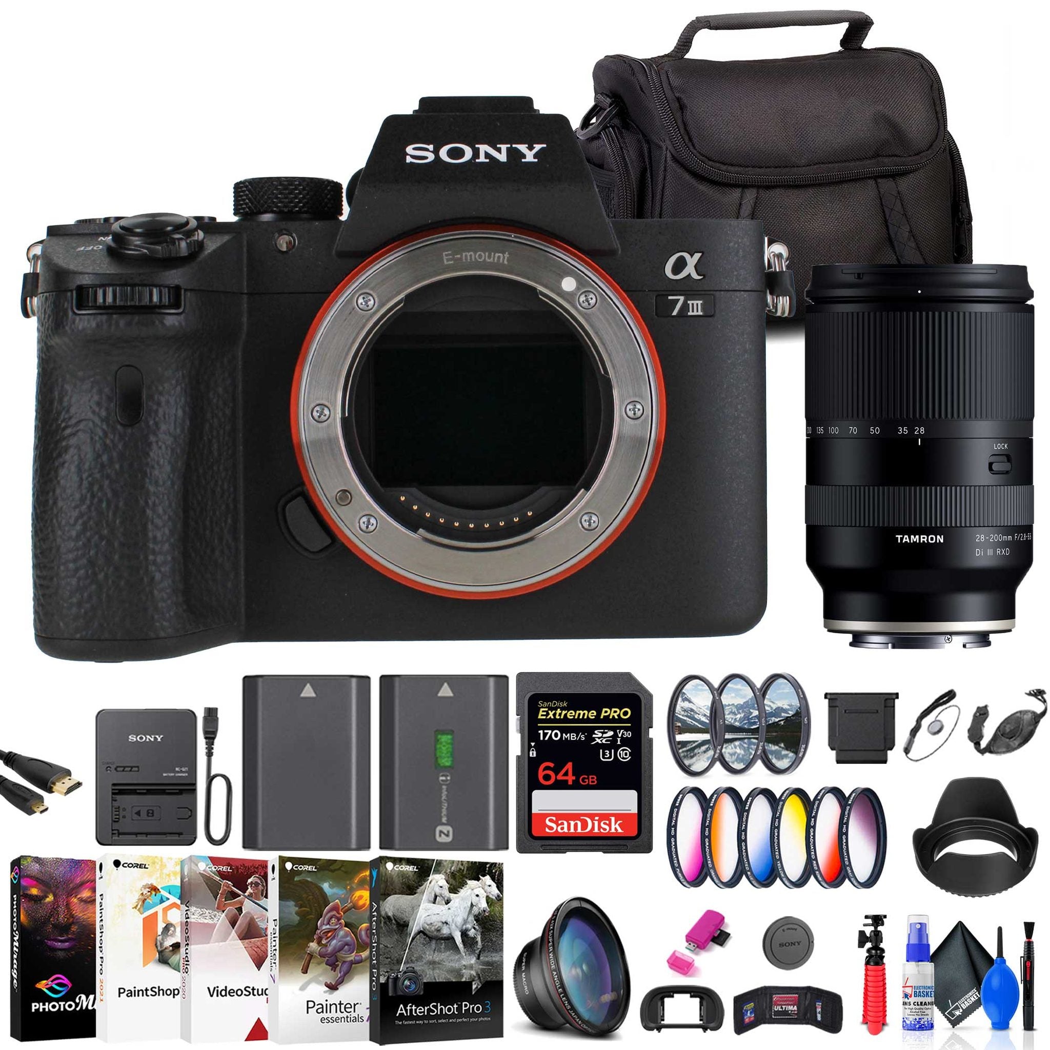 Sony a7 III Mirrorless Camera + Tamron 28-200mm Lens + 64GB Card + More