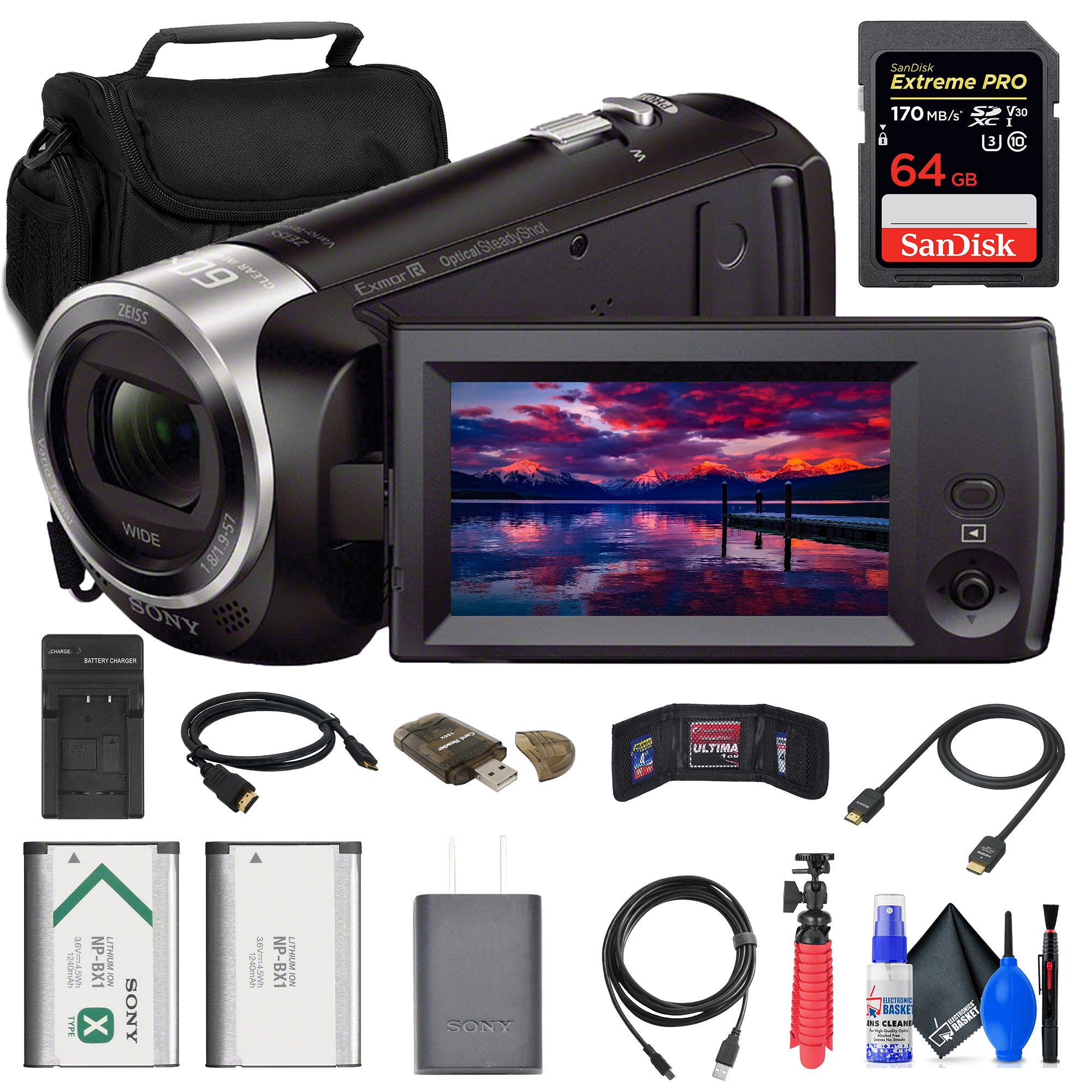 Sony HDR-CX405 HD Handycam + 64GB Card + Bag + NP-BX1 Battery + More