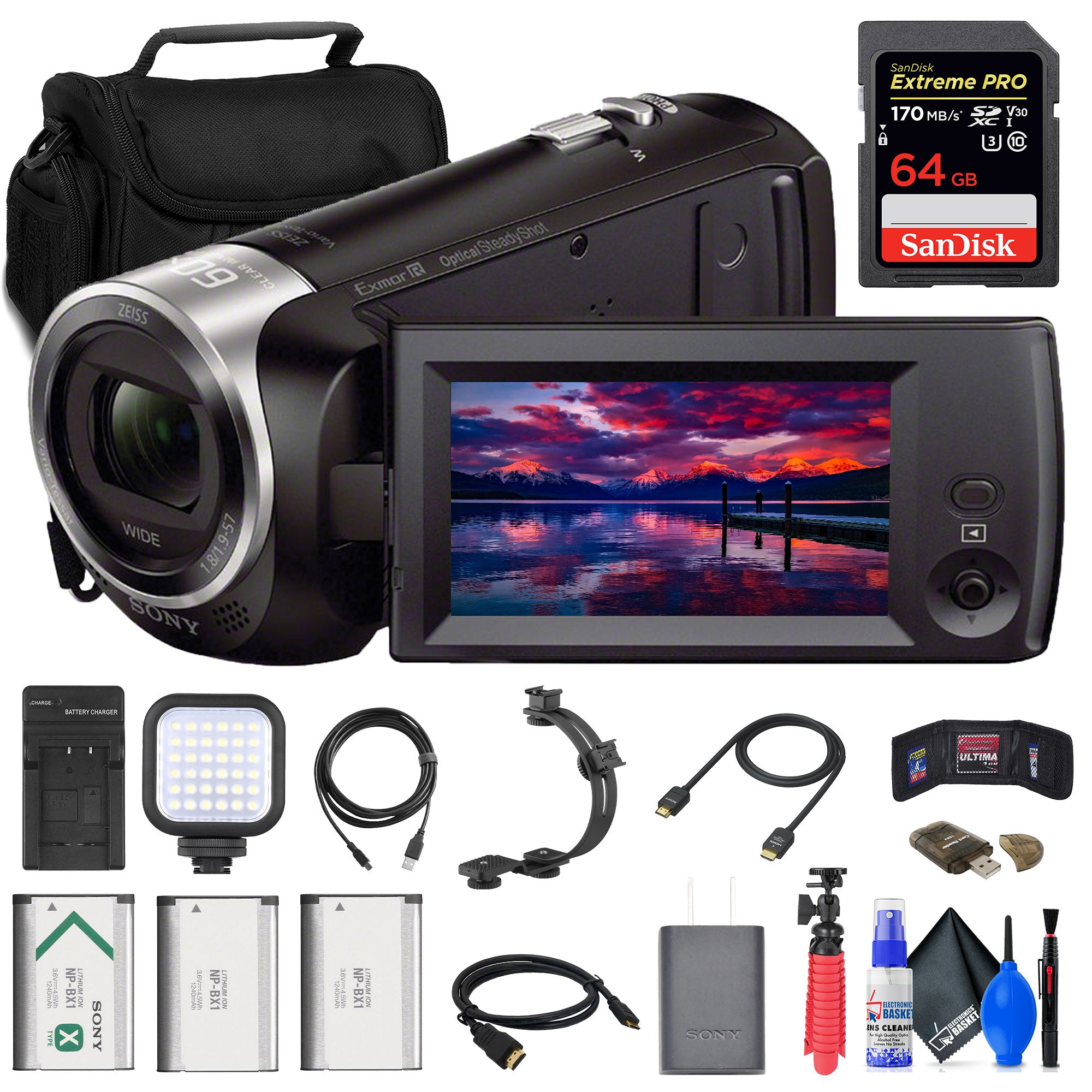 Sony HDR-CX405 HD Handycam + 64GB Card + Bag + 2 x NP-BX1 Battery + More