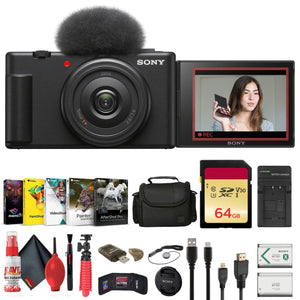 Sony ZV-1F Vlogging Camera Black ZV1F/B + Case + 64GB Card + Tripod + Software + More