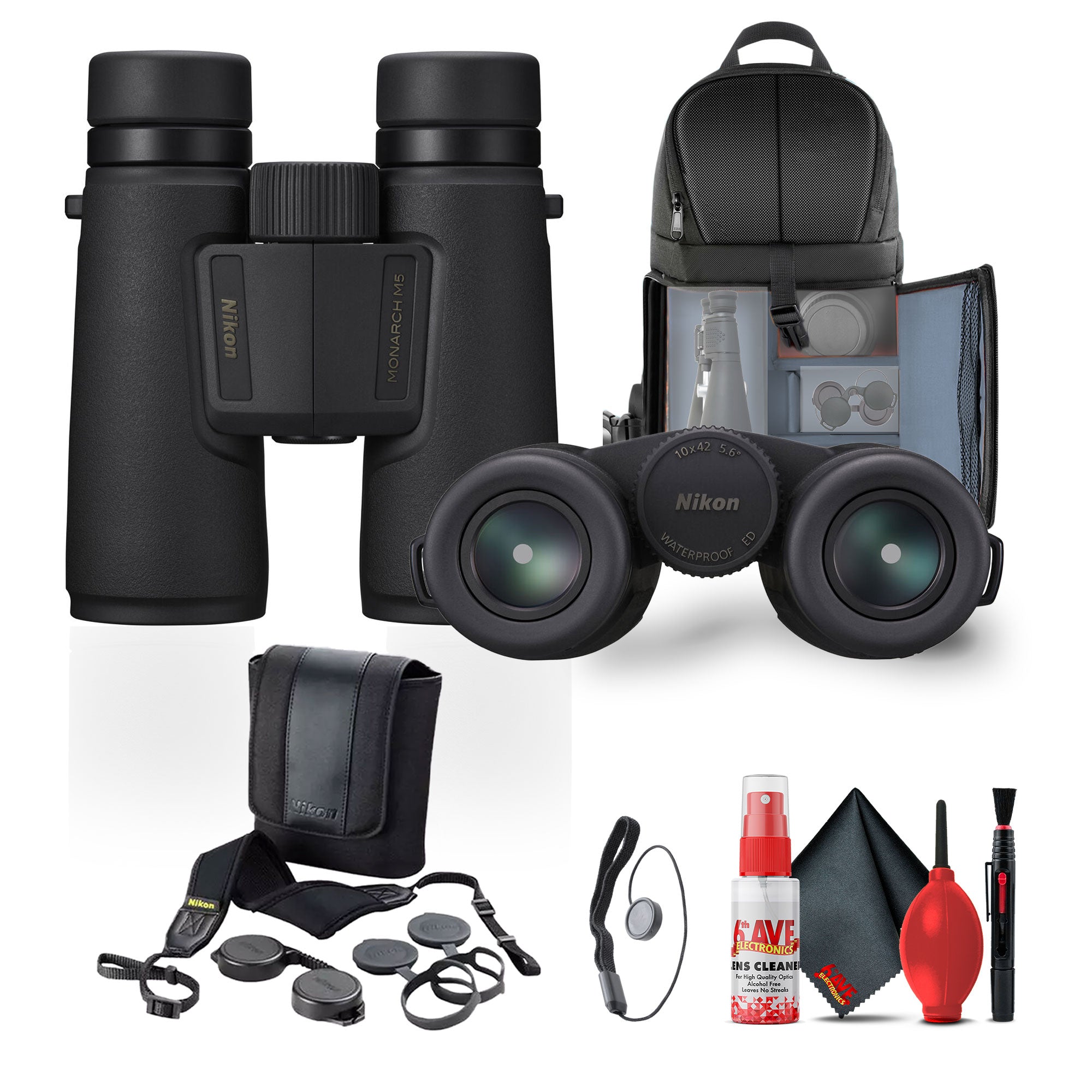 Nikon 10x42 Monarch M5 Roof Prism Waterproof, Fogproof, Lightweight Binoculars Black + More
