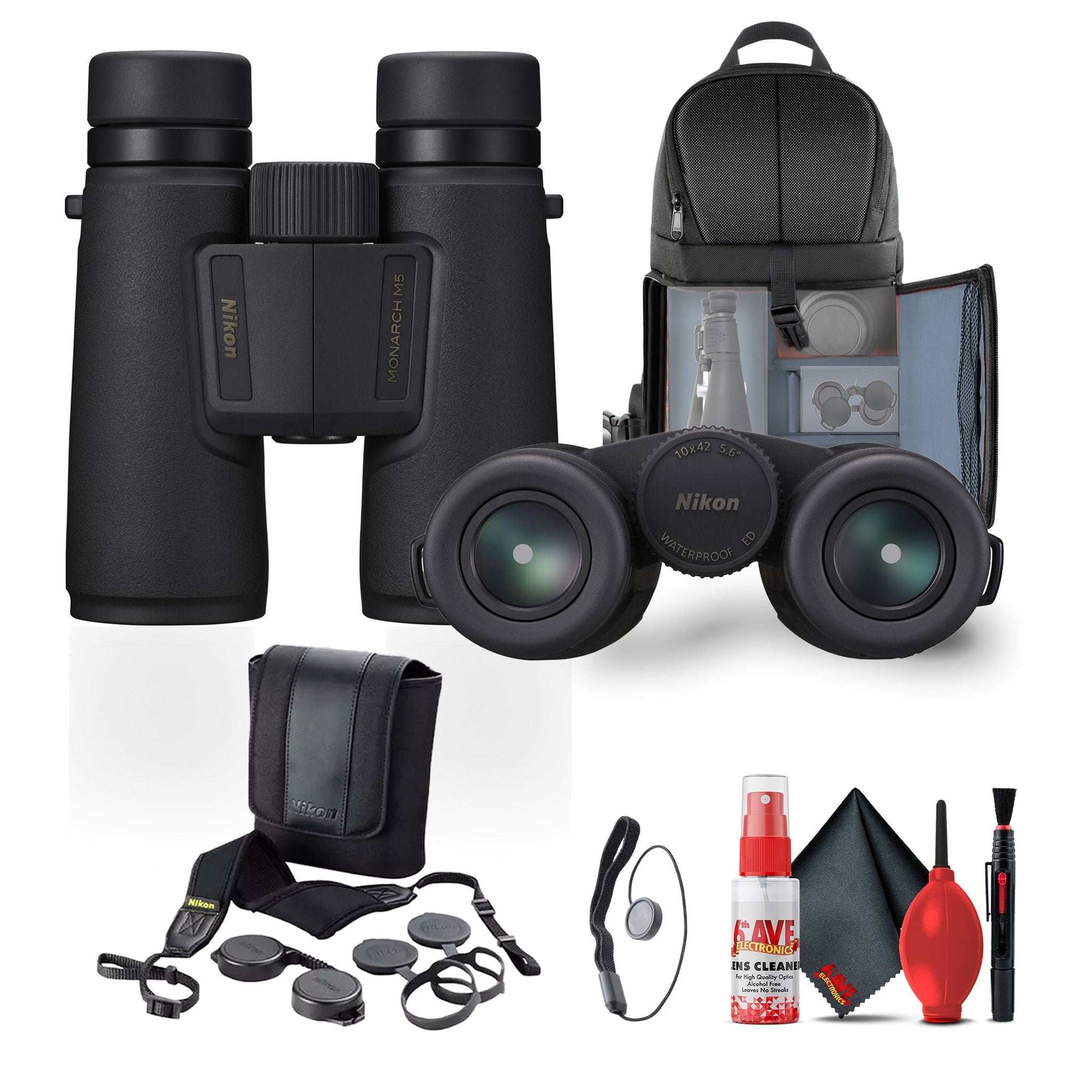 Nikon 10x42 Monarch M5 Roof Prism Waterproof, Fogproof, Lightweight Binoculars Black + More