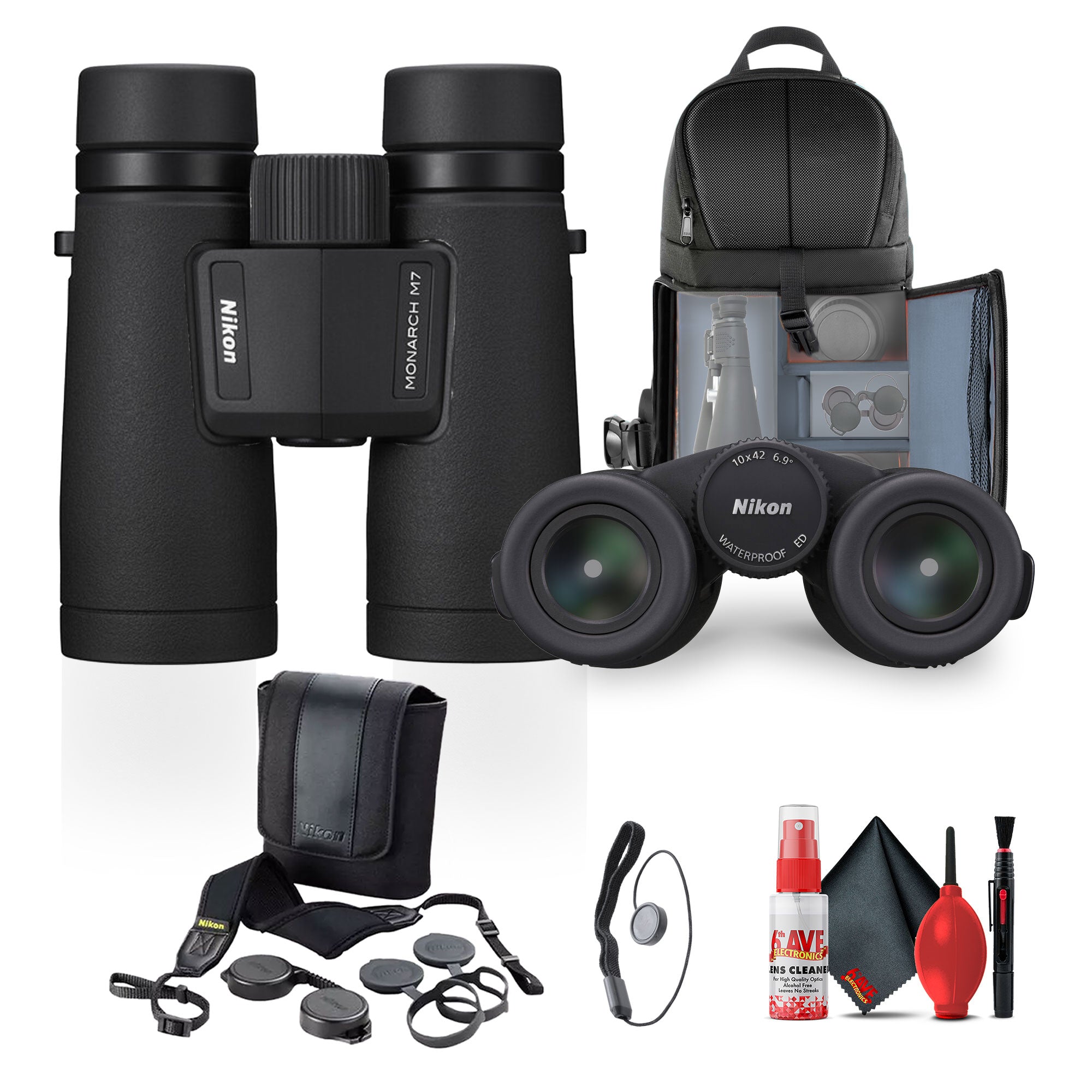 Nikon 10x42 Monarch M7 Roof Prism Waterproof, Fogproof, Lightweight Binoculars + More