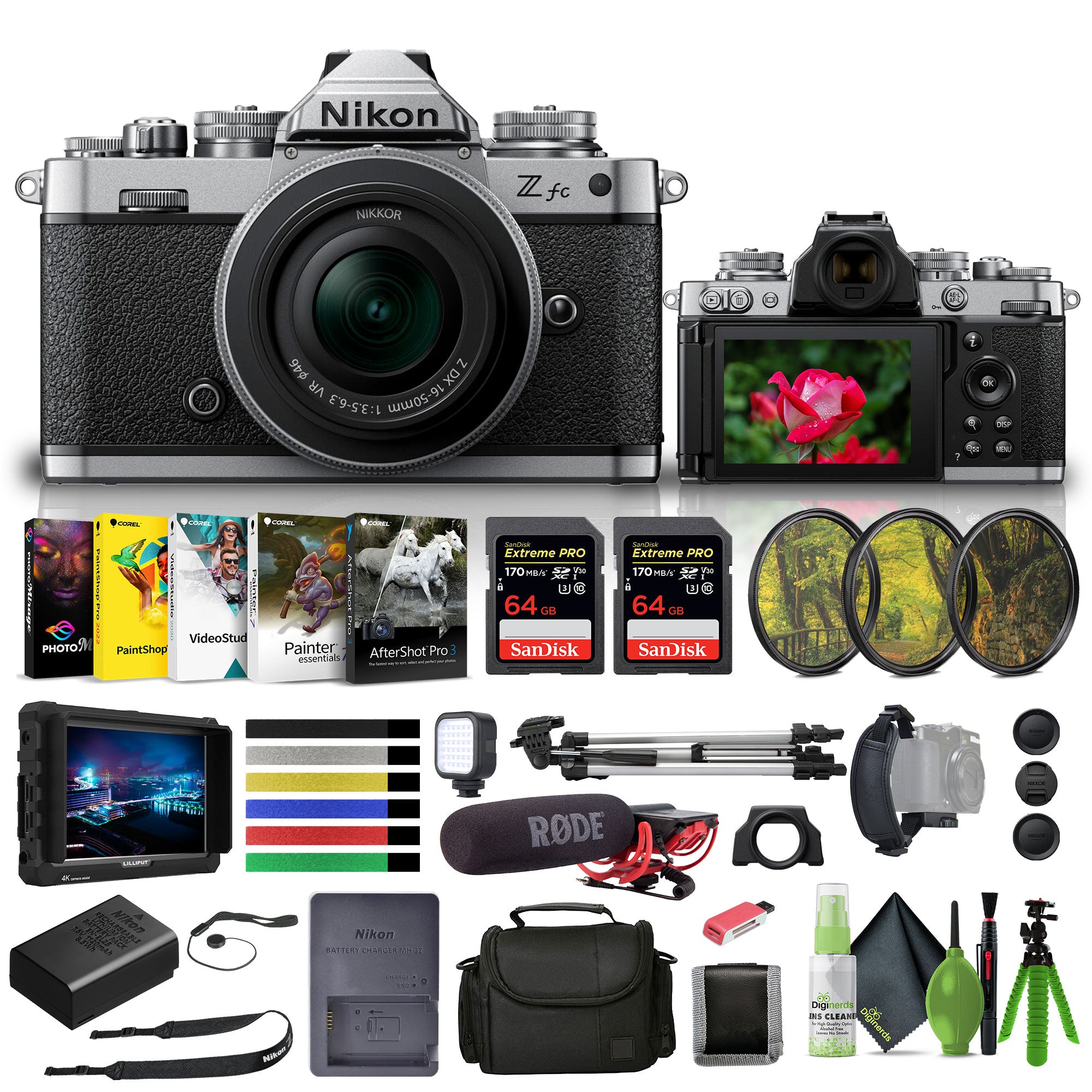 Nikon Zfc Mirrorless Camera with 16-50mm Lens Silver (1675) + 4K Monitor + Rode Mic + More
