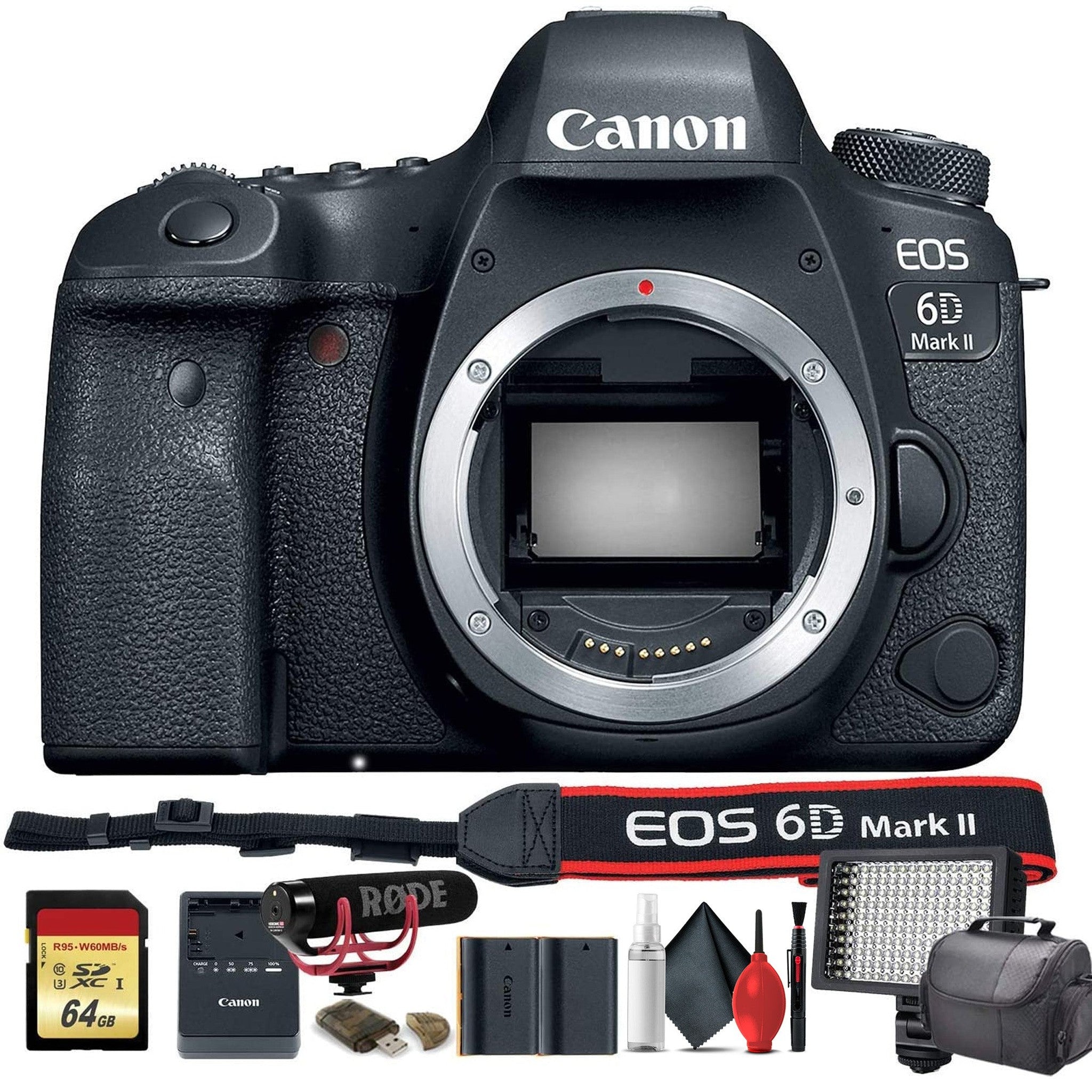 Canon EOS 6D Mark II DSLR Camera International Model 1897C002 W/Bag, Extra Battery, LED Light, Mic, Filters and More - Reconditioned Canon
