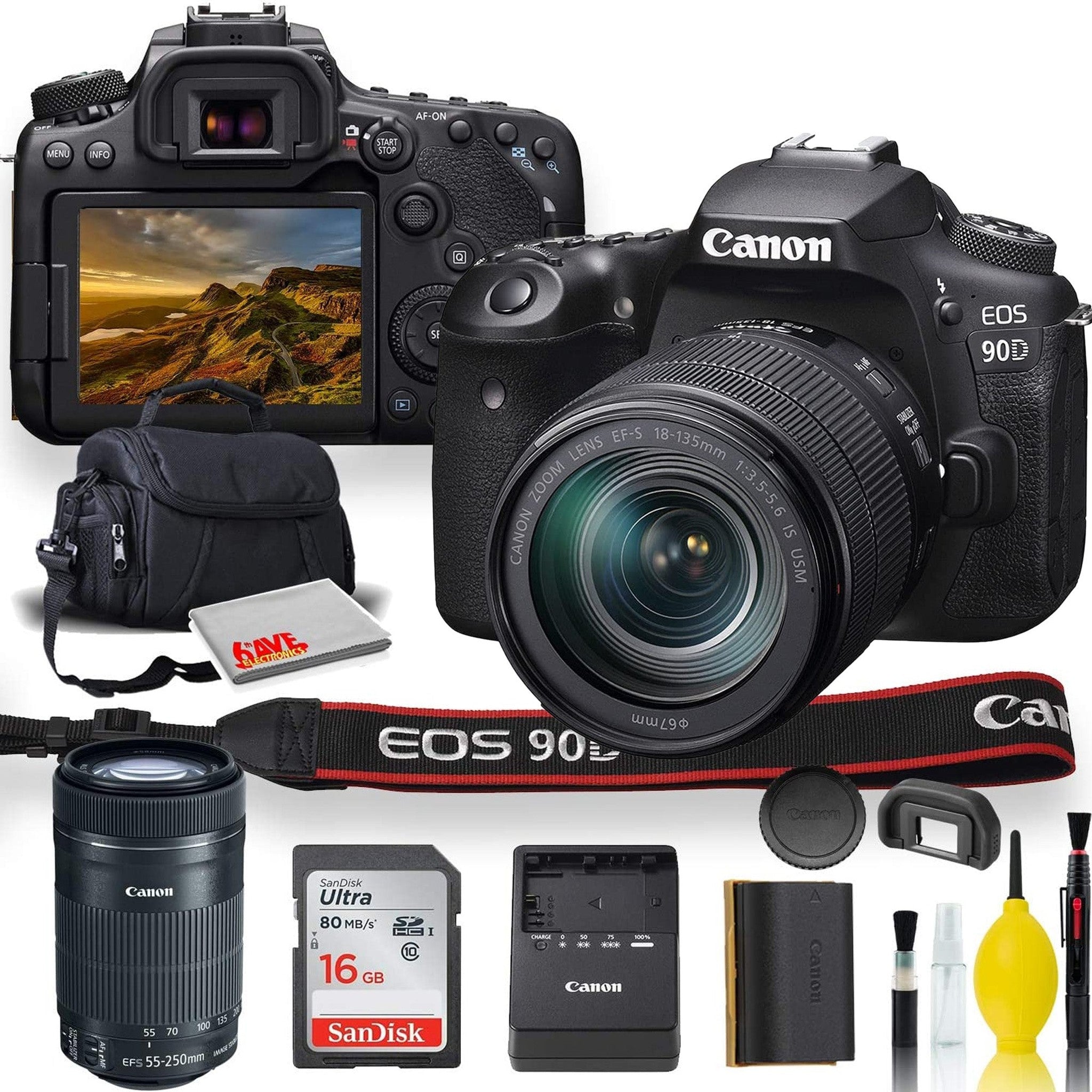 Canon EOS 90D DSLR Camera With 18-135mm Lens, Canon EF-S 55-250mm f/4-5.6 IS STM Lens, Soft Padded Case, Memory Card, and More