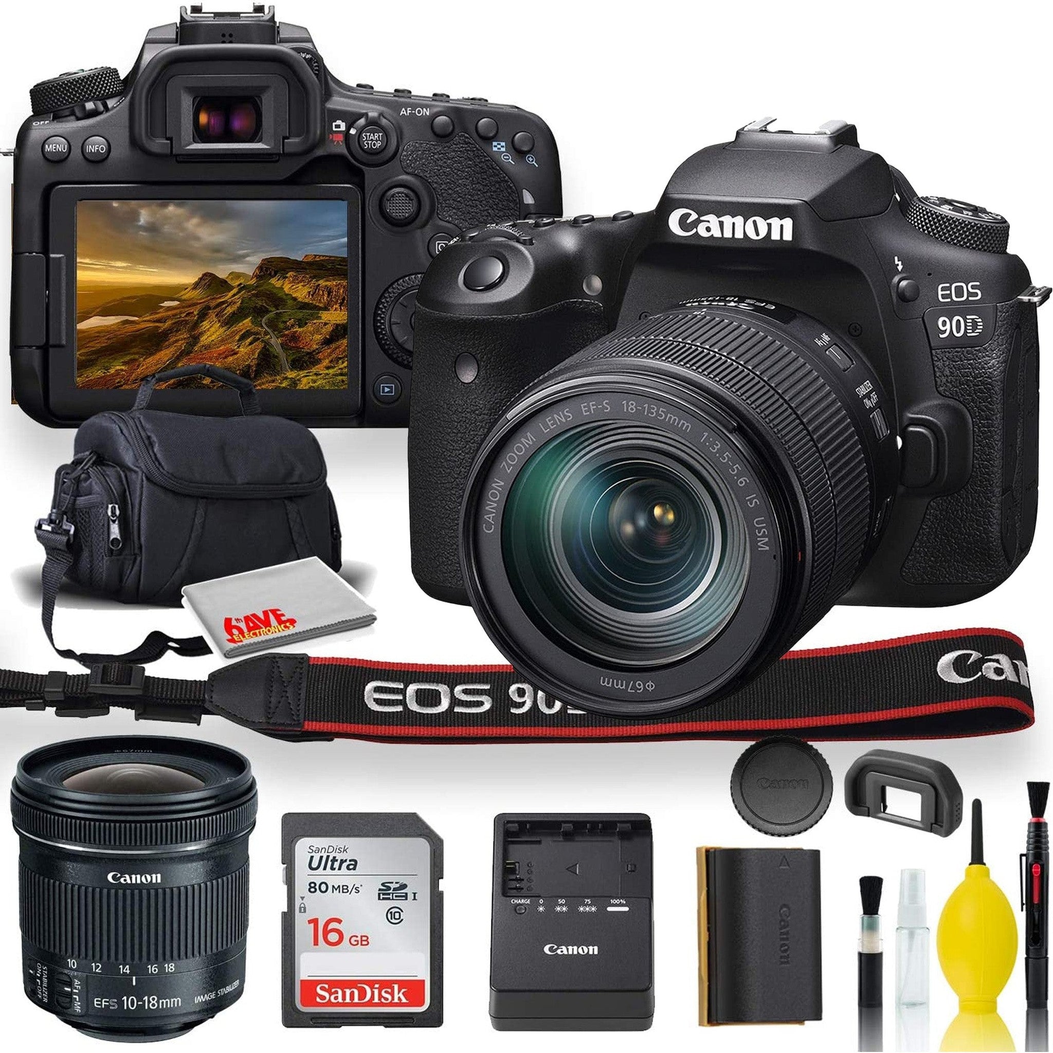 Canon EOS 90D DSLR Camera With 18-135mm Lens, Canon EF-S 10-18mm f/4.5-5.6 IS STM Lens, Soft Padded Case, Memory Card, and More Canon