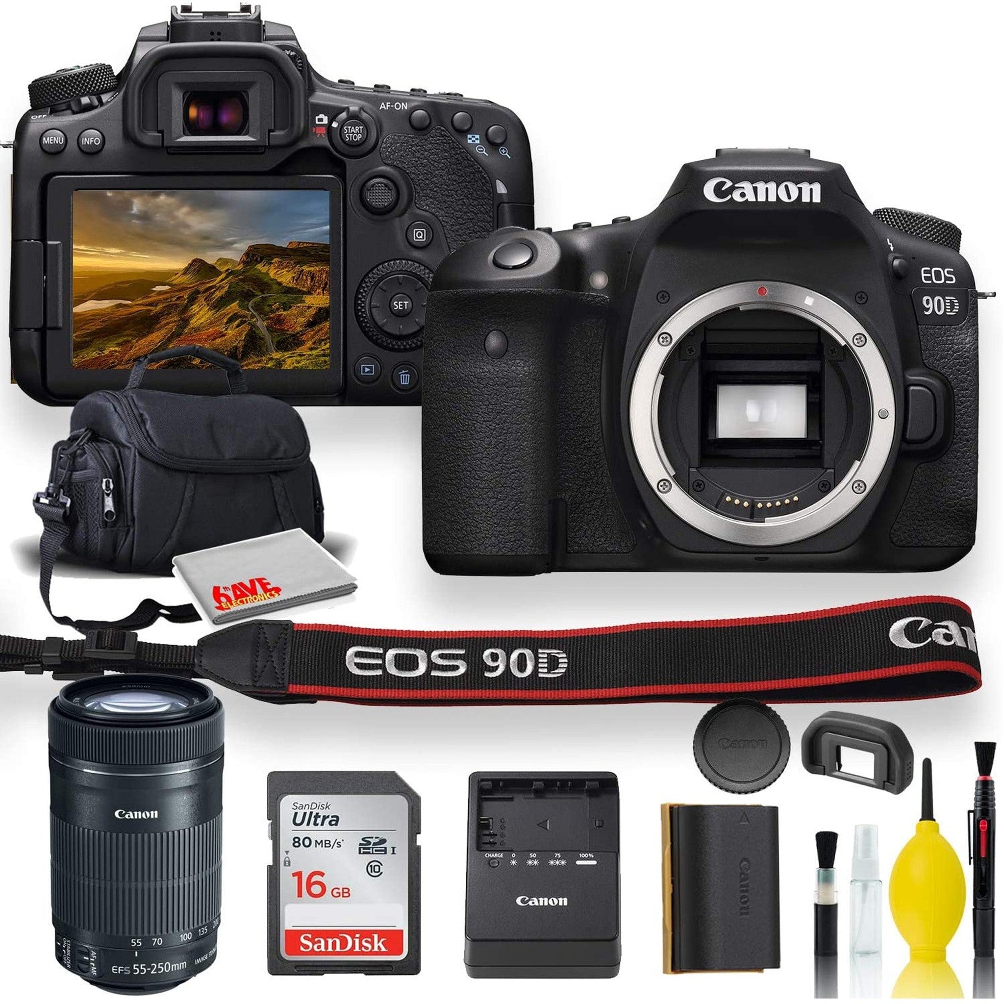 Canon EOS 90D DSLR Camera With Canon EF-S 55-250mm f/4-5.6 IS STM Lens, Soft Padded Case, Memory Card, and More Canon