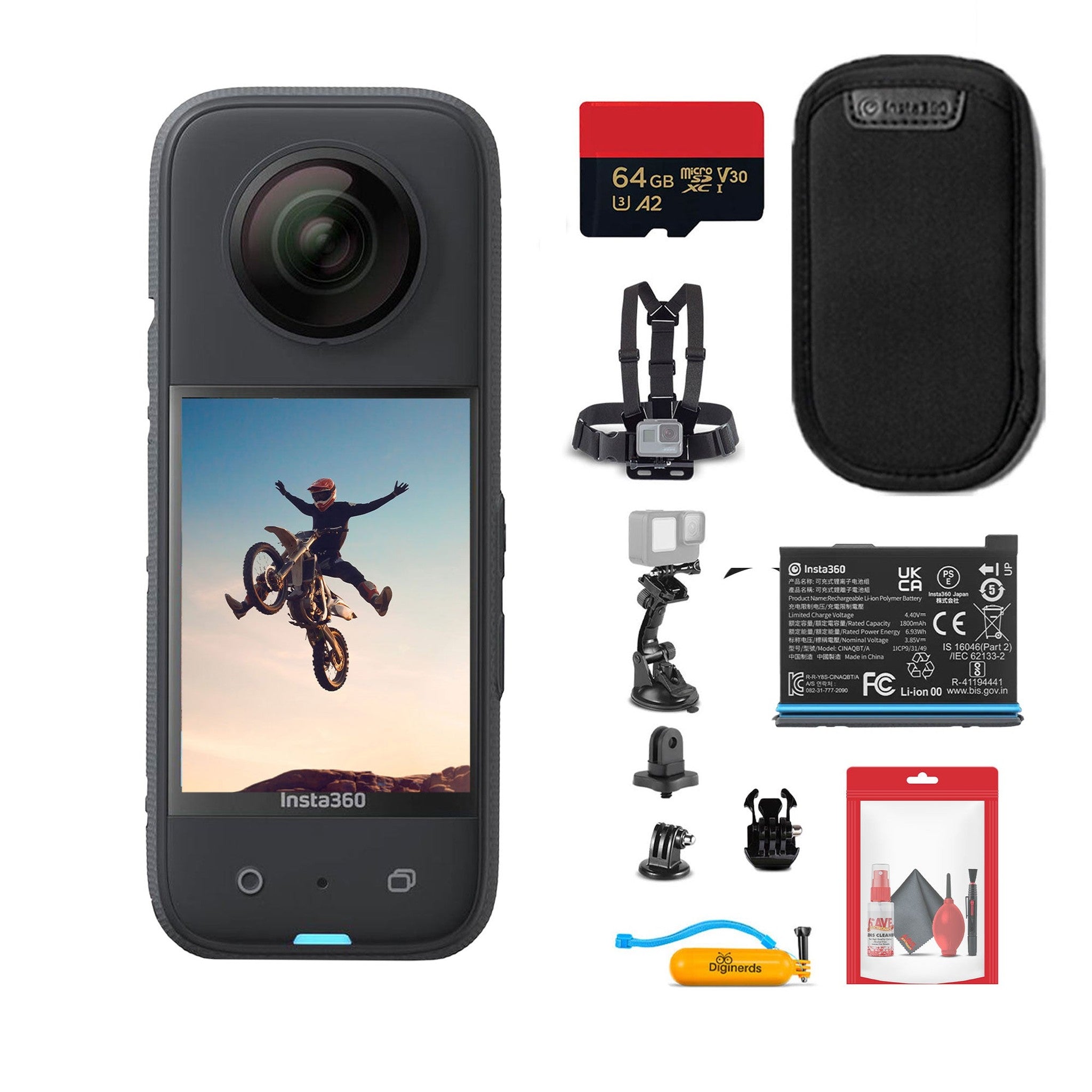Insta360 X3 - Waterproof 360 Action Camera + 64GB Card + Cleaning Kit