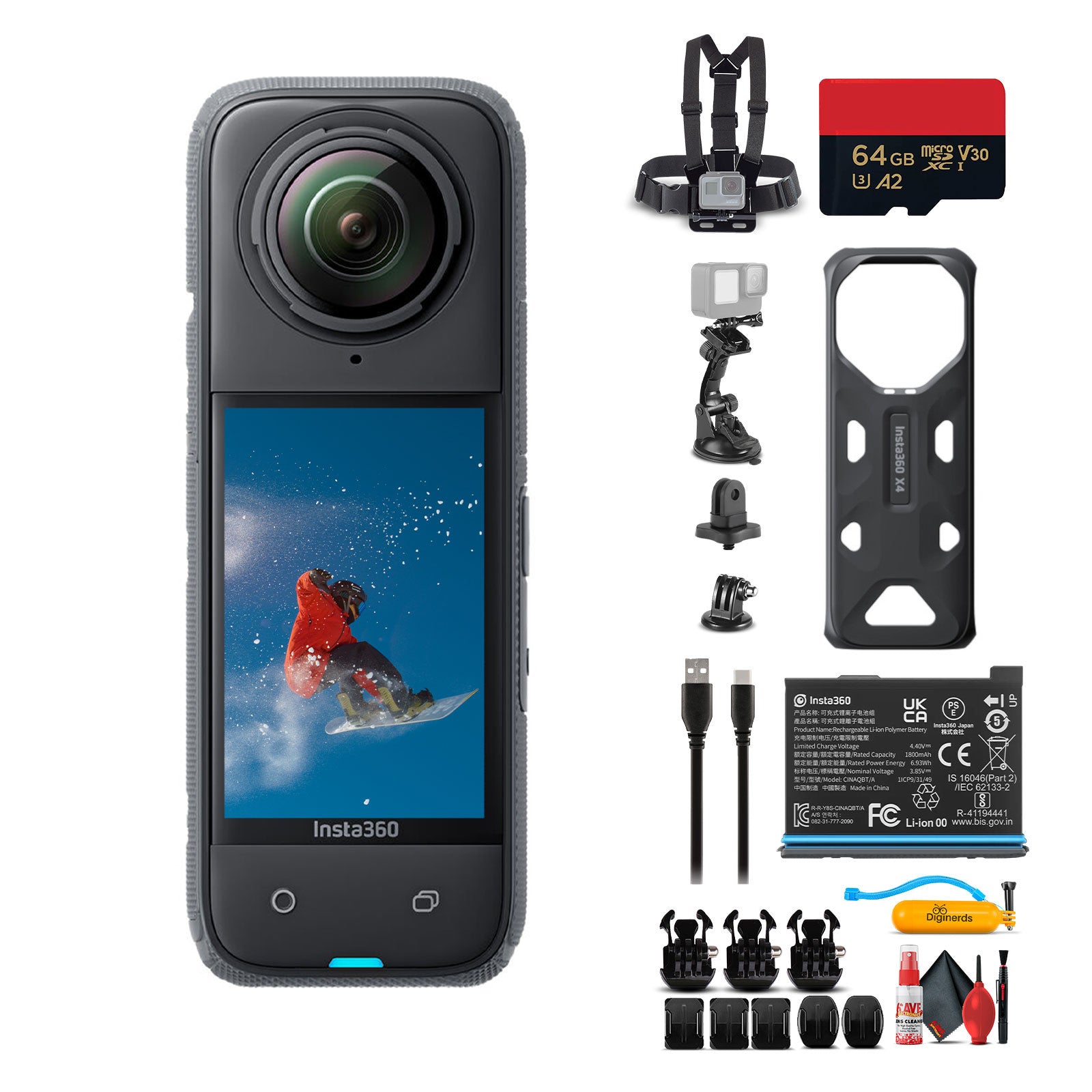 Insta360 X4 - Waterproof 360 Camera + 50-in-1 Accessory Kit + 64GB Card Bundle