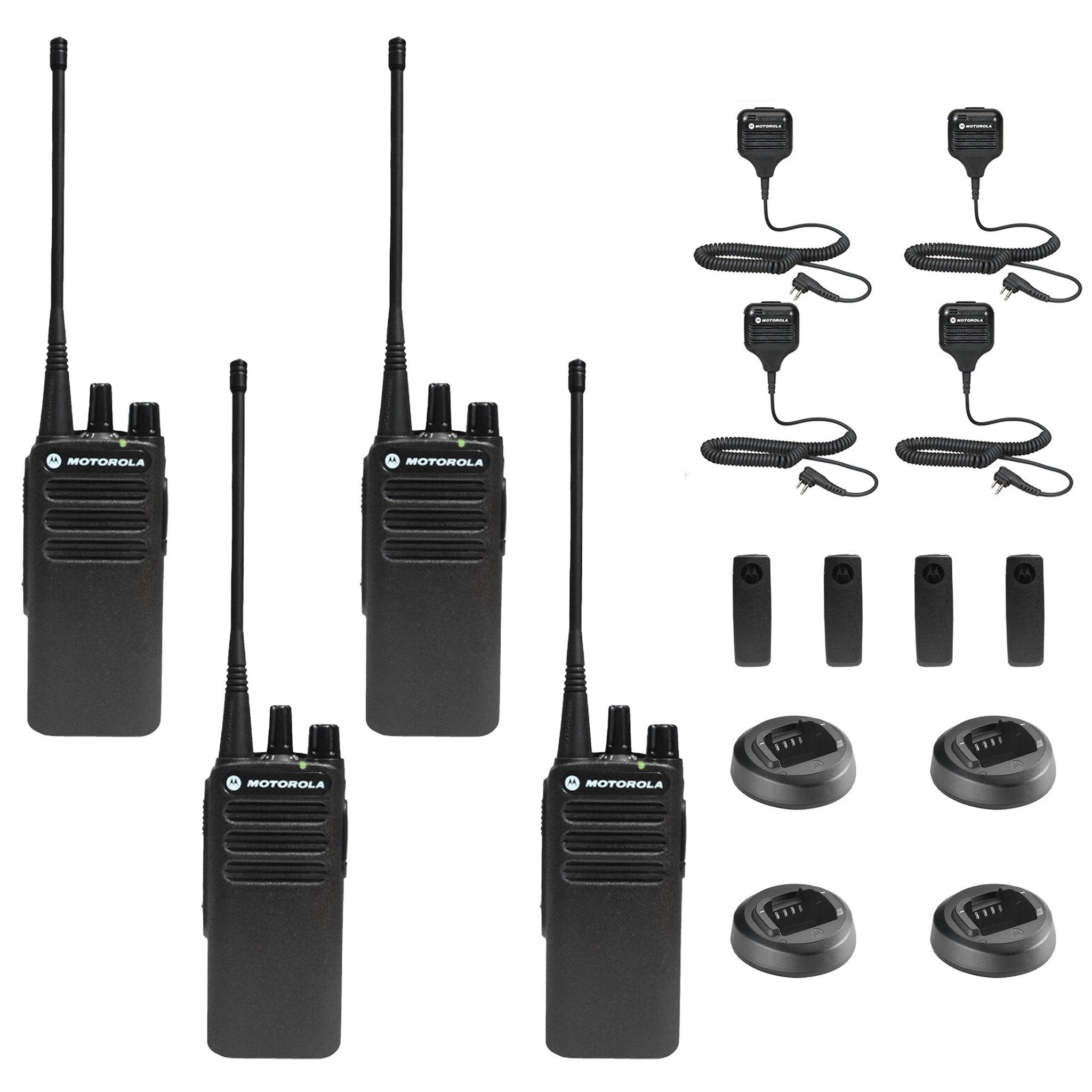 Motorola CP100D Analog UHF Portable Non-Display Two Way Radio, 16 Channel, - 4 Pack With Mic Bundle Motorola Solutions