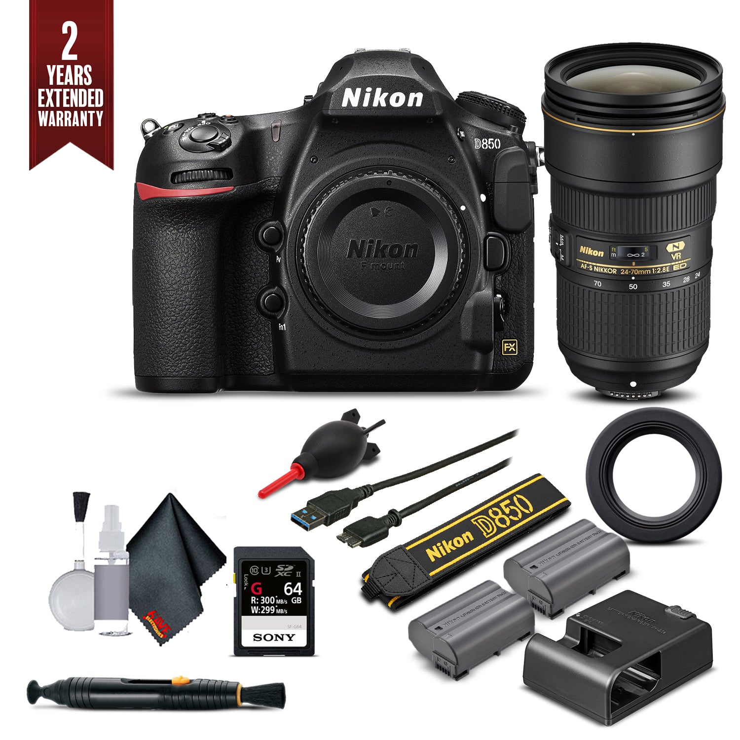 Nikon D850 Digital SLR Camera W/ Nikon AF-S NIKKOR 24-70mm f/2.8E ED VR Lens and Accessories Bundle (International Model)