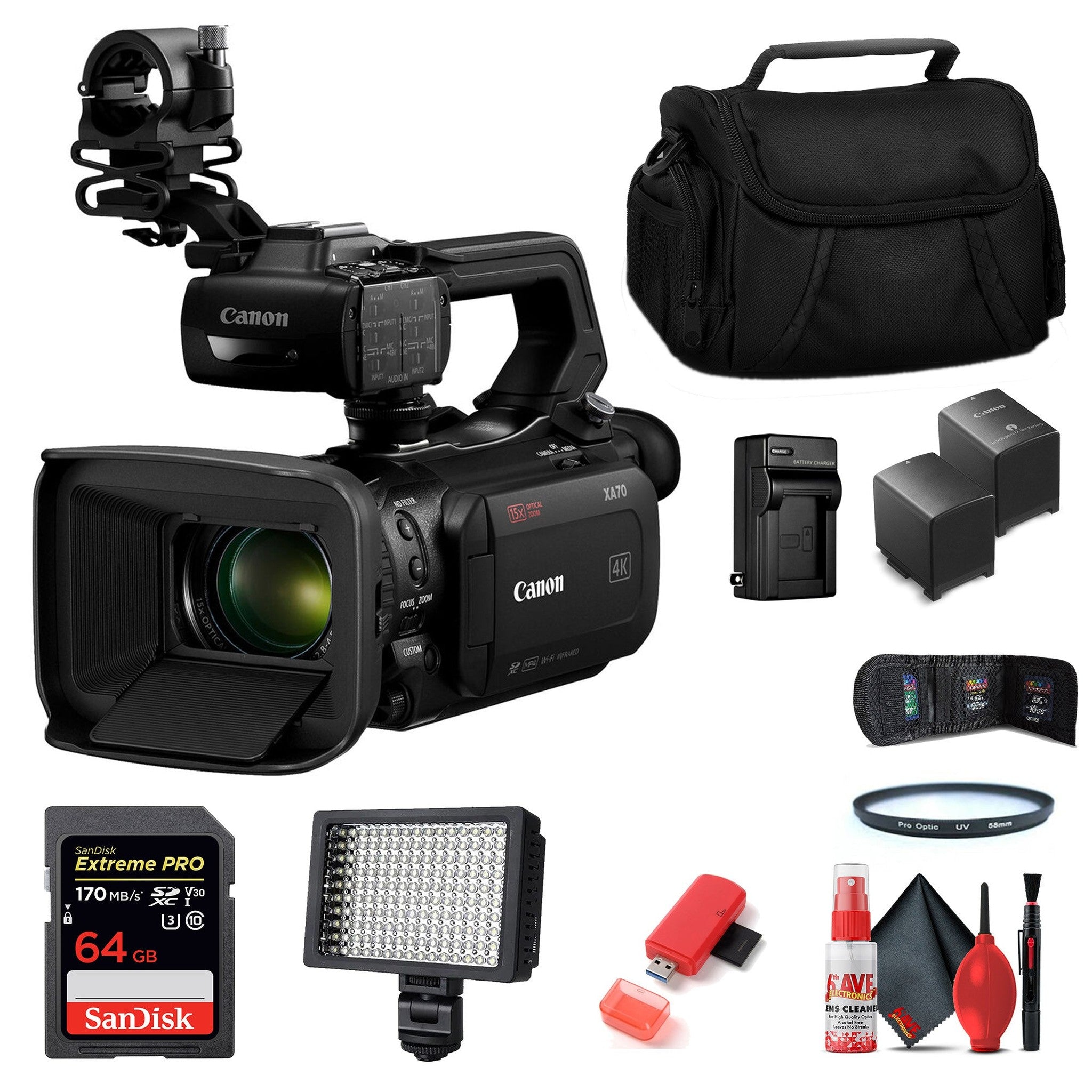 Canon XA70 Camcorder + Video Light, 64GB Memory Card, & additional accessories - Reconditioned Canon