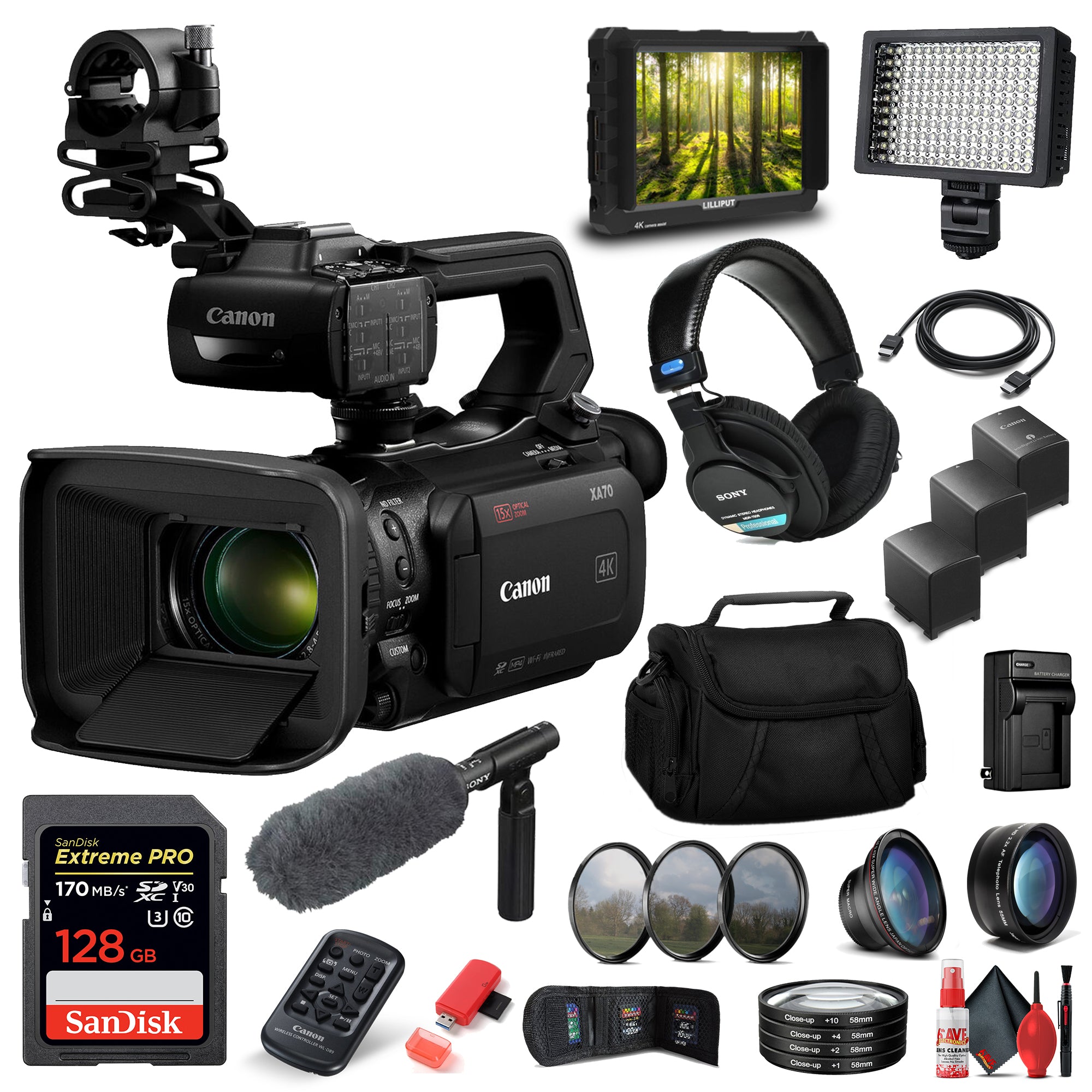 Canon XA70 Camcorder + Microphone, Professional Headphones, & many accessories