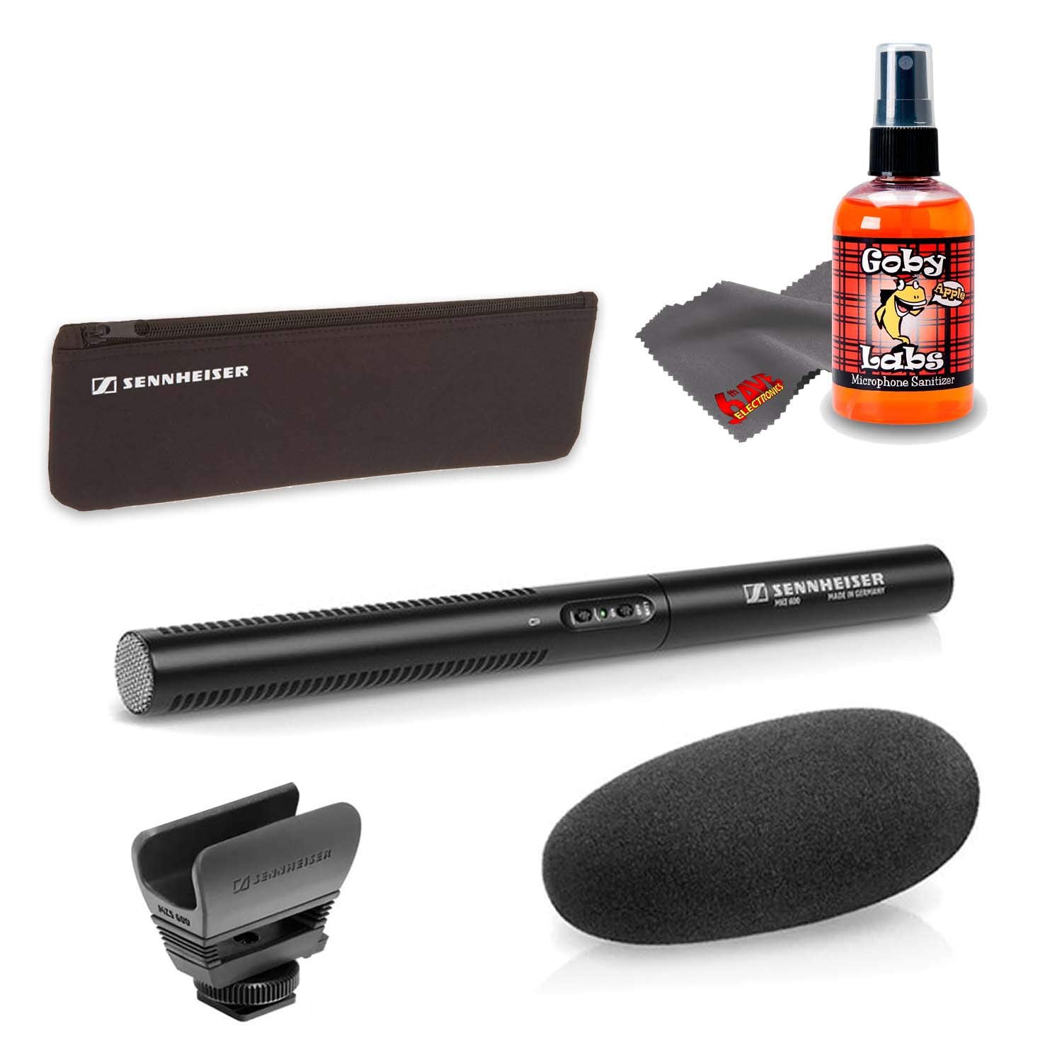 Sennheiser MKE 600 Camcorder Shotgun Microphone with Carrying Case, Shock Mount, Foam Windscreen and 6Ave Cleaning Kit Starter Bundle