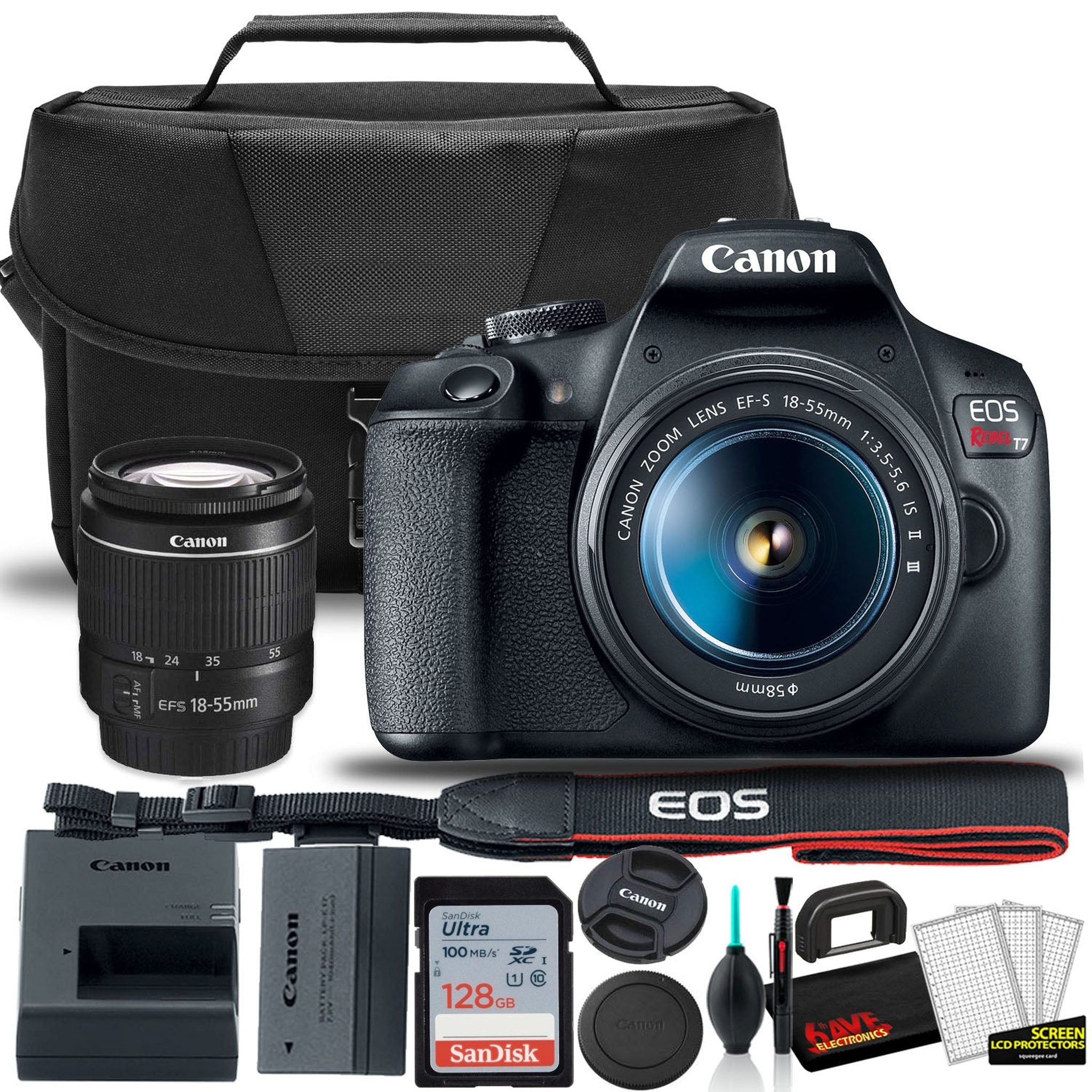 Canon EOS Rebel T7 DSLR Camera with 18-55mm Lens Starter Bundle + Includes: EOS Bag + Sandisk Ultra 128GB Card + Clean and Care Kit + More Canon