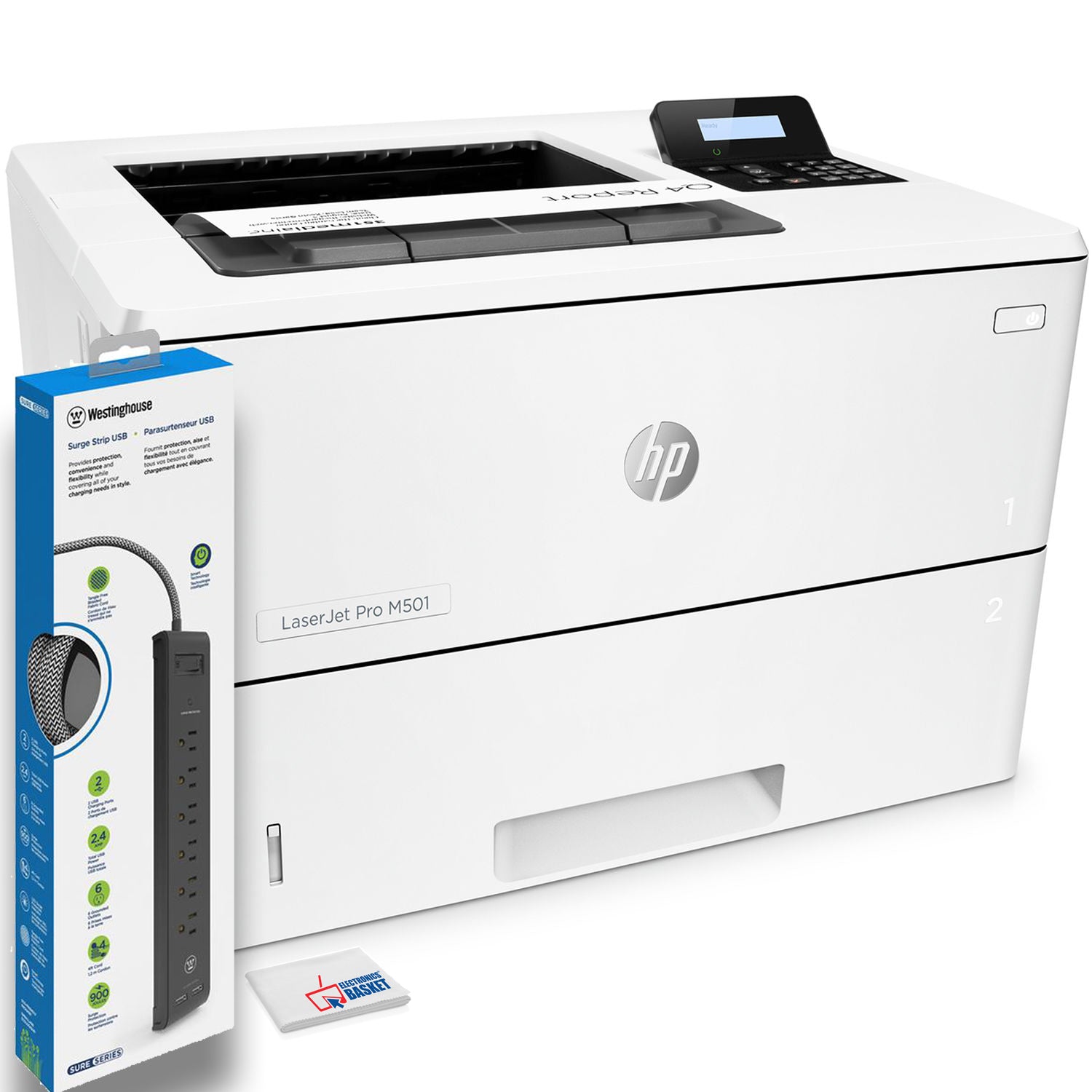 HP LaserJet Pro M501dn Monochrome Laser Printer (J8H61A) With Power Strip Surge Protector