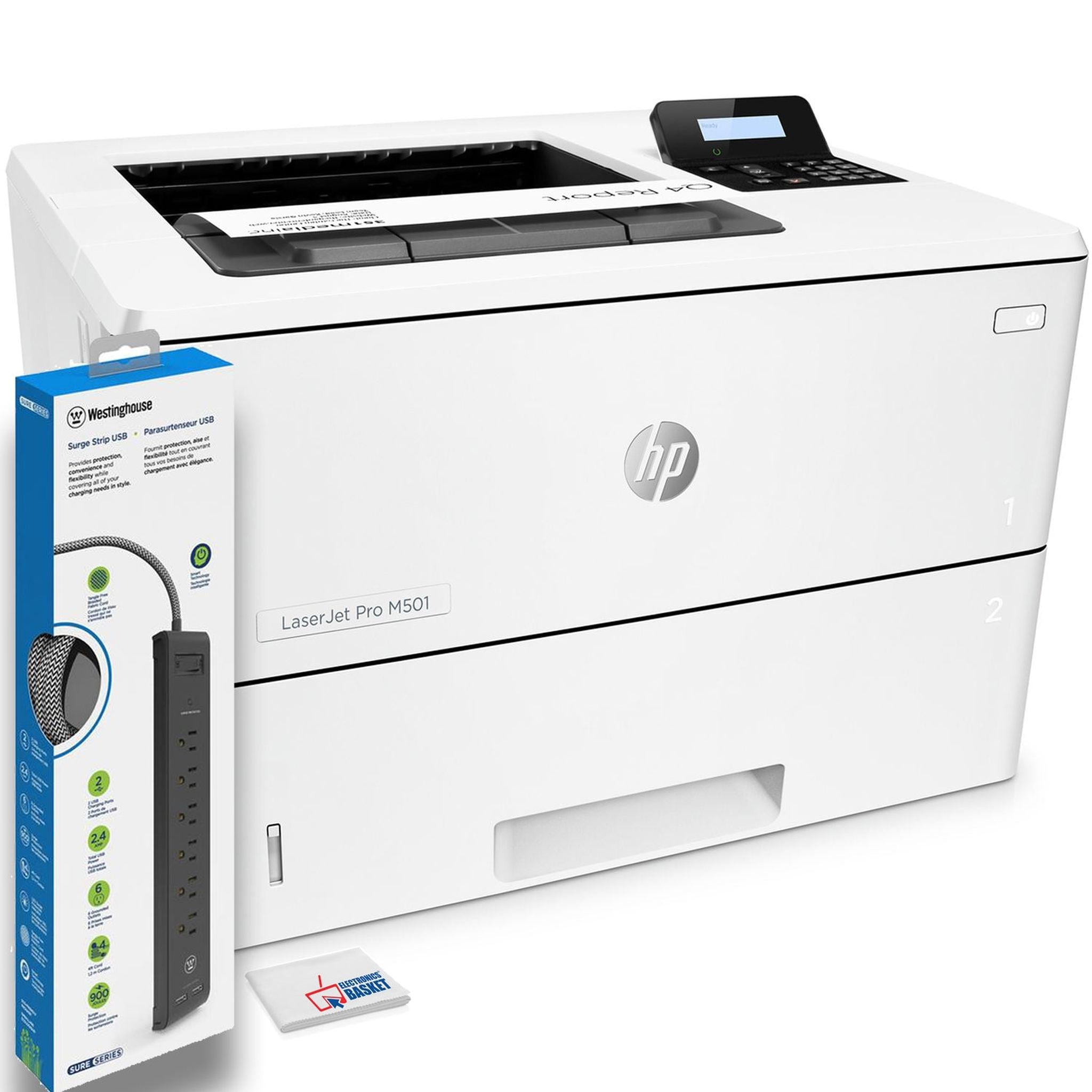 HP LaserJet Pro M501dn Monochrome Laser Printer (J8H61A) With Power Strip Surge Protector