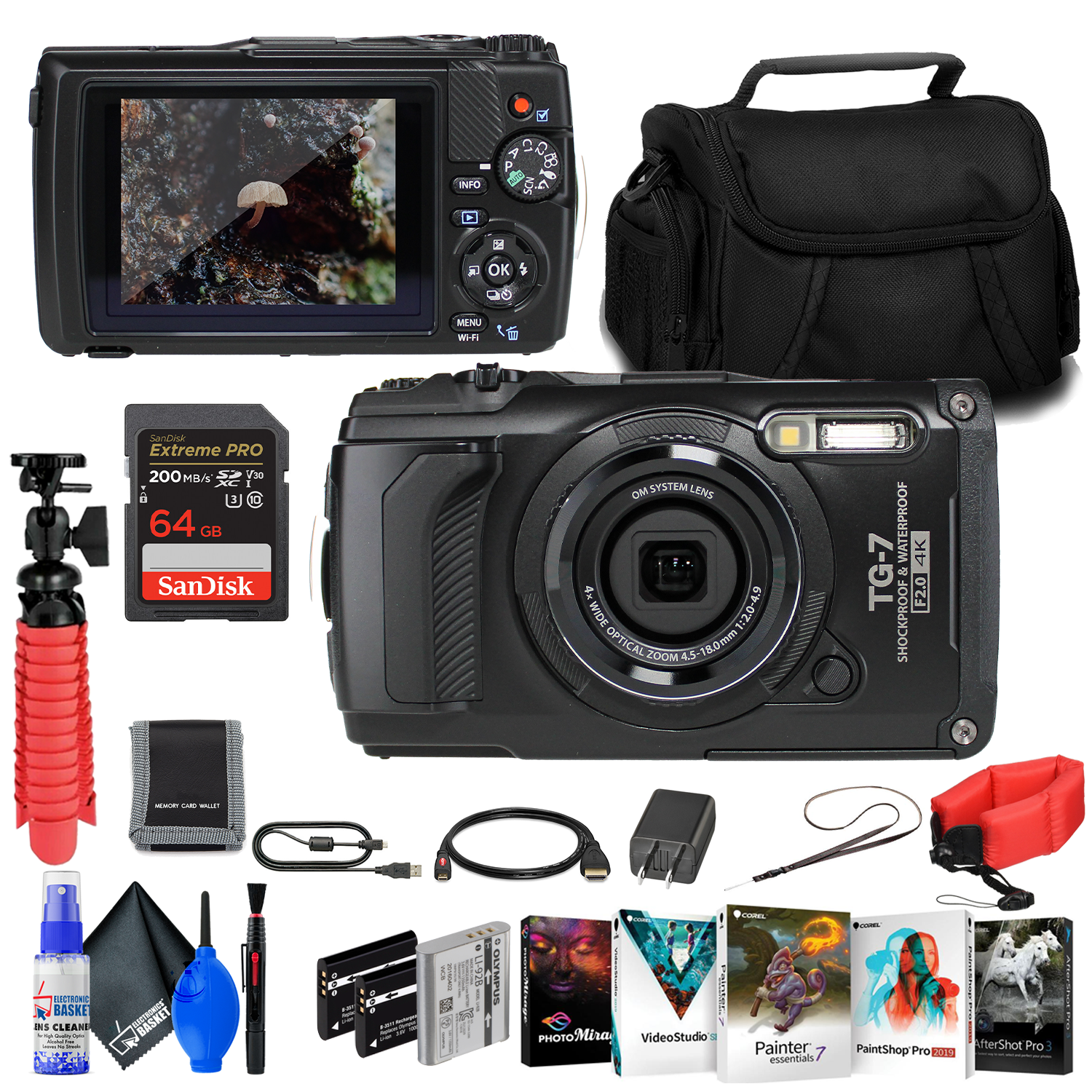 OM SYSTEM Tough TG-7 Camera - 2 Batteries + Float Strap + 64GB Card + Software + More