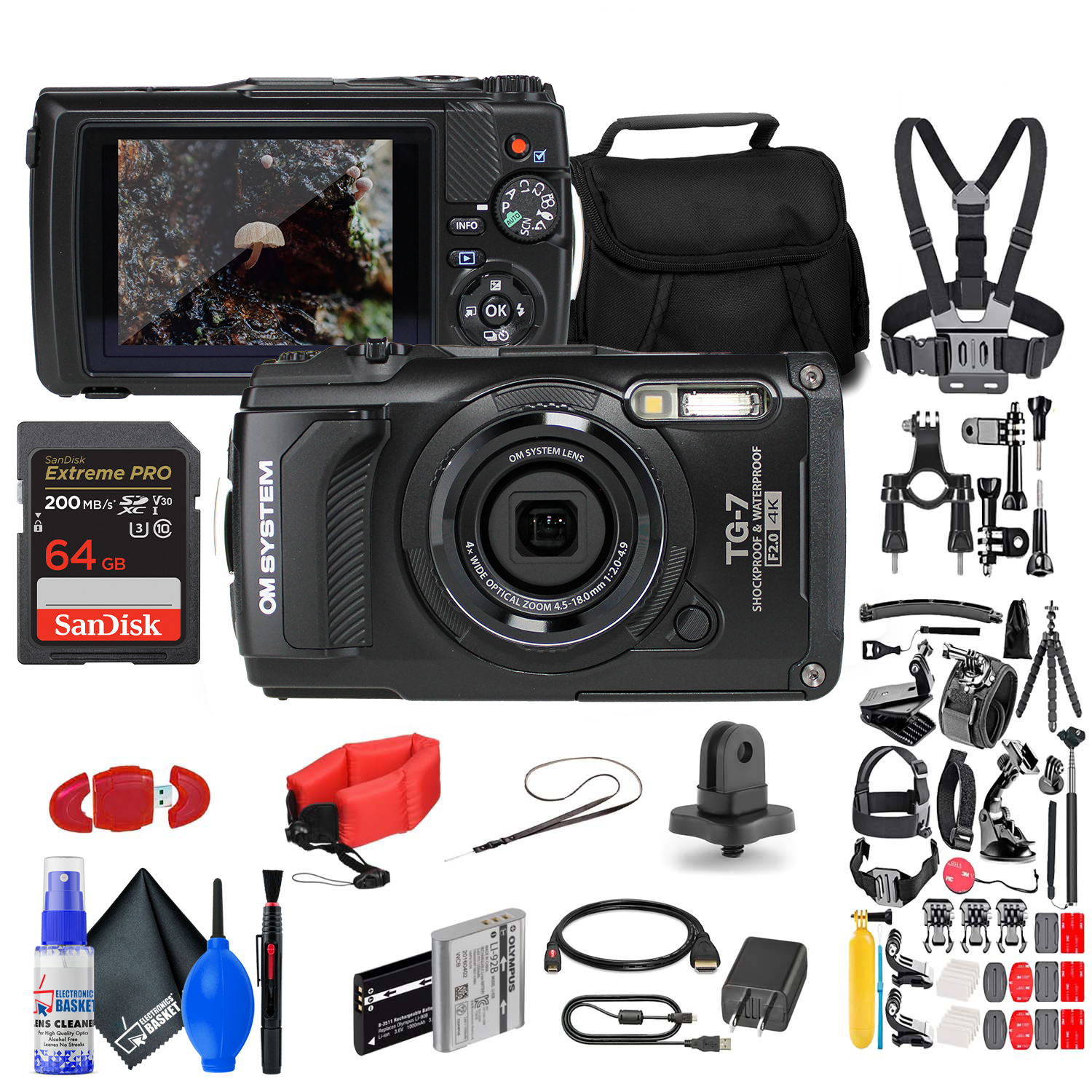OM SYSTEM Tough TG-7 Black Waterproof Camera with 50 Piece Accessory Kit + Extra Battery + More
