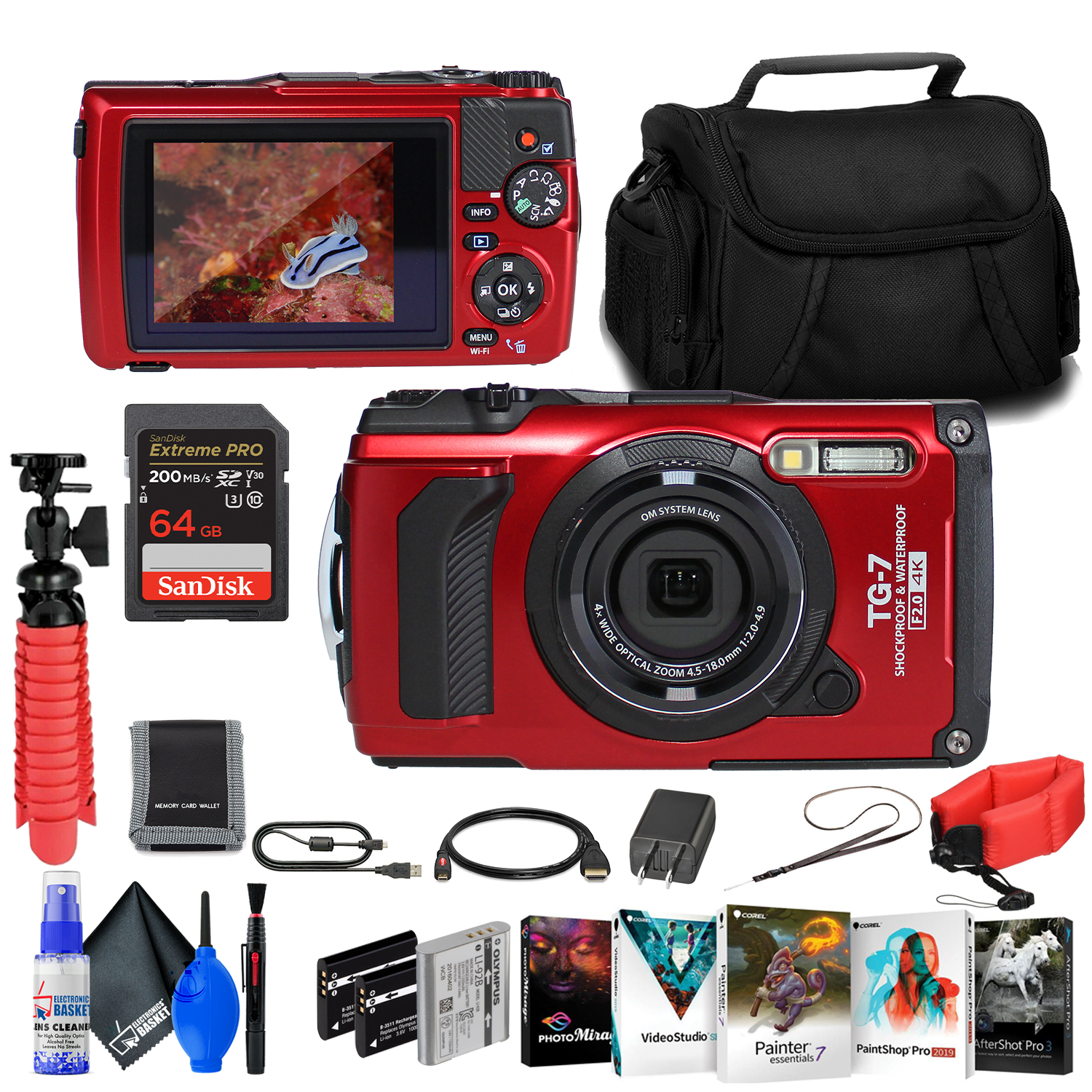 OM SYSTEM Tough TG-7 Red Waterproof Camera, With 2 Extra Batteries + 64GB Card + More