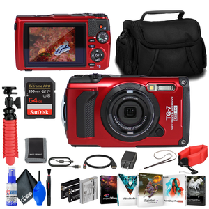 OM SYSTEM Tough TG-7 Red Waterproof Camera, With 2 Extra Batteries + 64GB Card + More OM SYSTEM