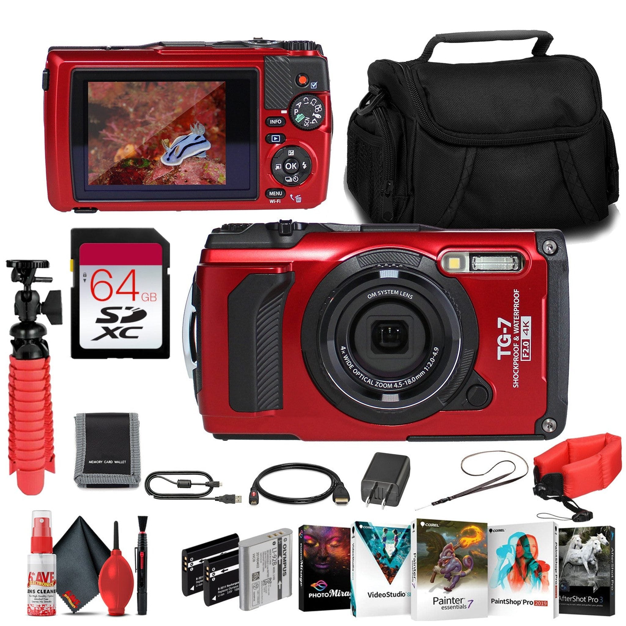OM SYSTEM Tough TG-7 Red Waterproof Camera, With 2 Extra Batteries + 64GB Card + More