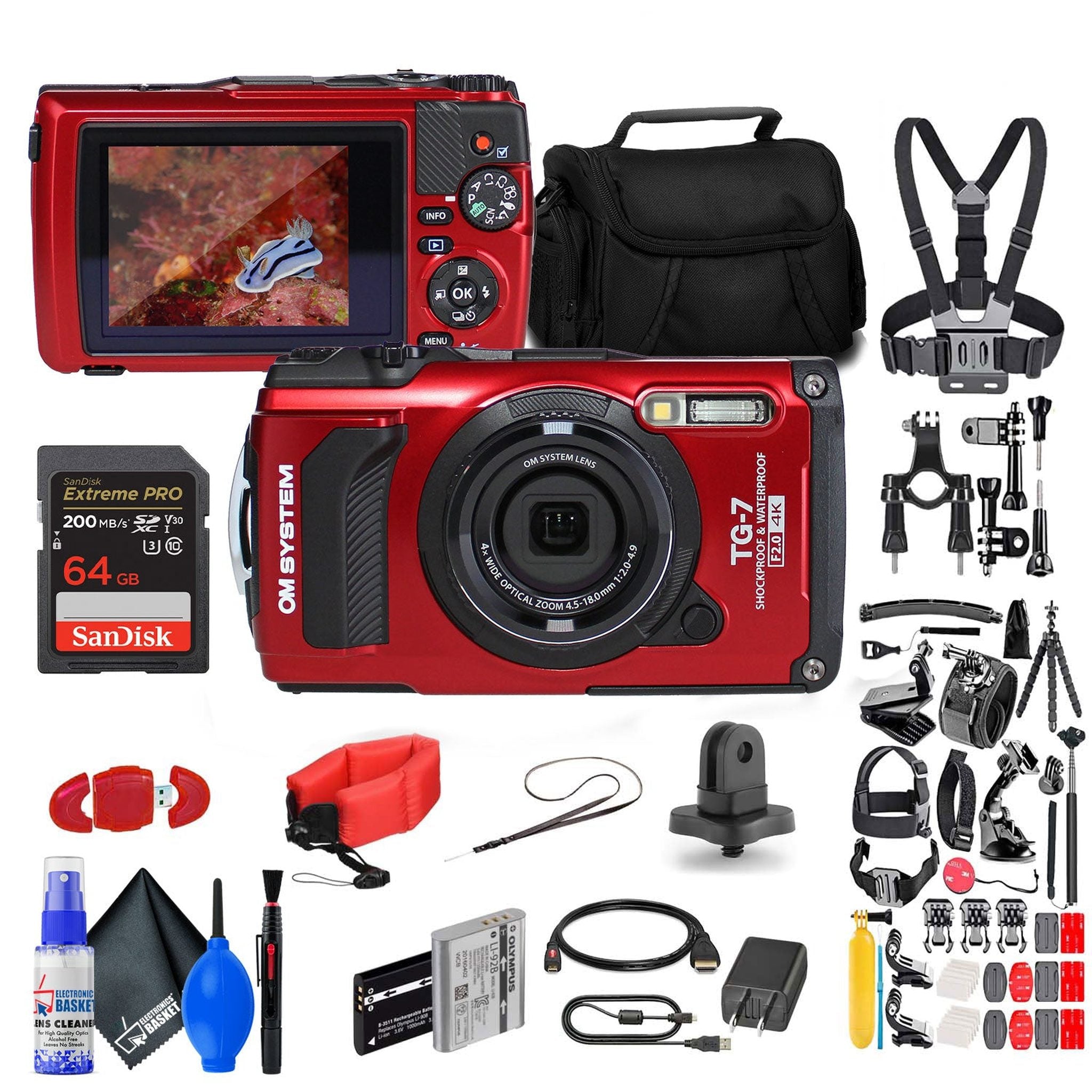 OM SYSTEM Tough TG-7 Red Waterproof Camera, W/ 50 Piece Kit + Extra Battery + More OM SYSTEM
