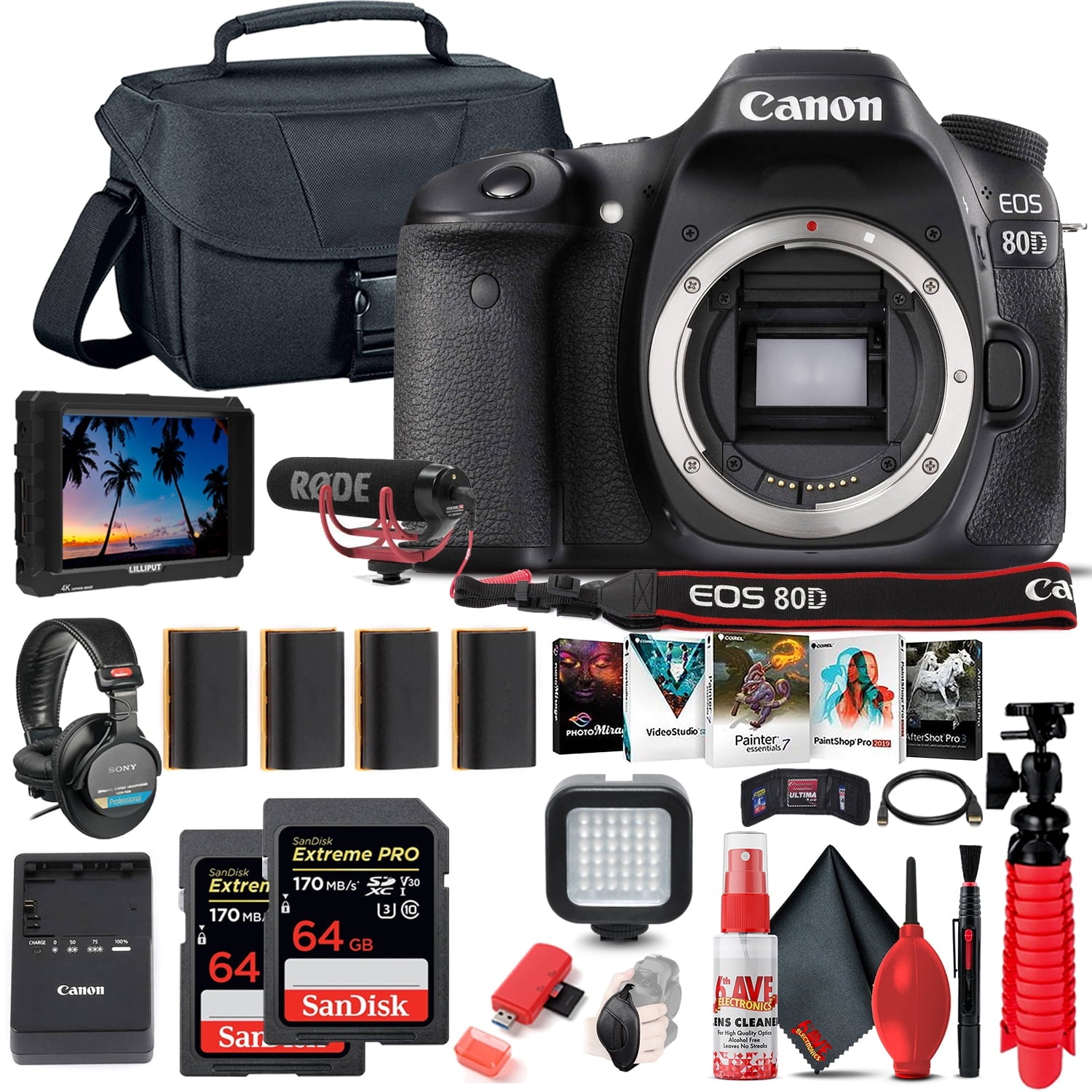 Canon EOS 80D DSLR Camera Body Only 1263C004 + 4K Monitor + Mic + More