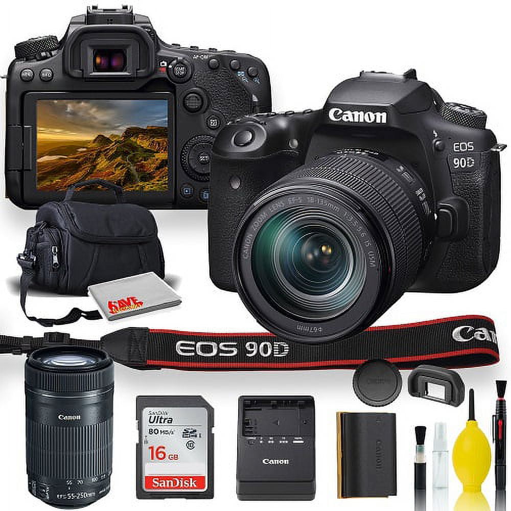 Canon EOS 90D DSLR Camera With 18-135mm Lens, Canon EF-S 55-250mm f/4-5.6 IS STM Lens, Soft Padded Case, Memory Card, and More