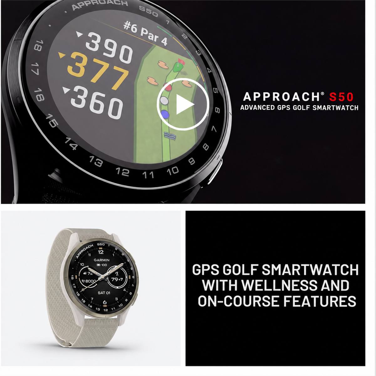 Garmin Approach® S50, Advanced Golf GPS Smartwatch, AMOLED Display, On-Course Features, Wrist-Based Heart Rate, Slate Aluminum Bezel with Black ComfortFit Nylon Band
