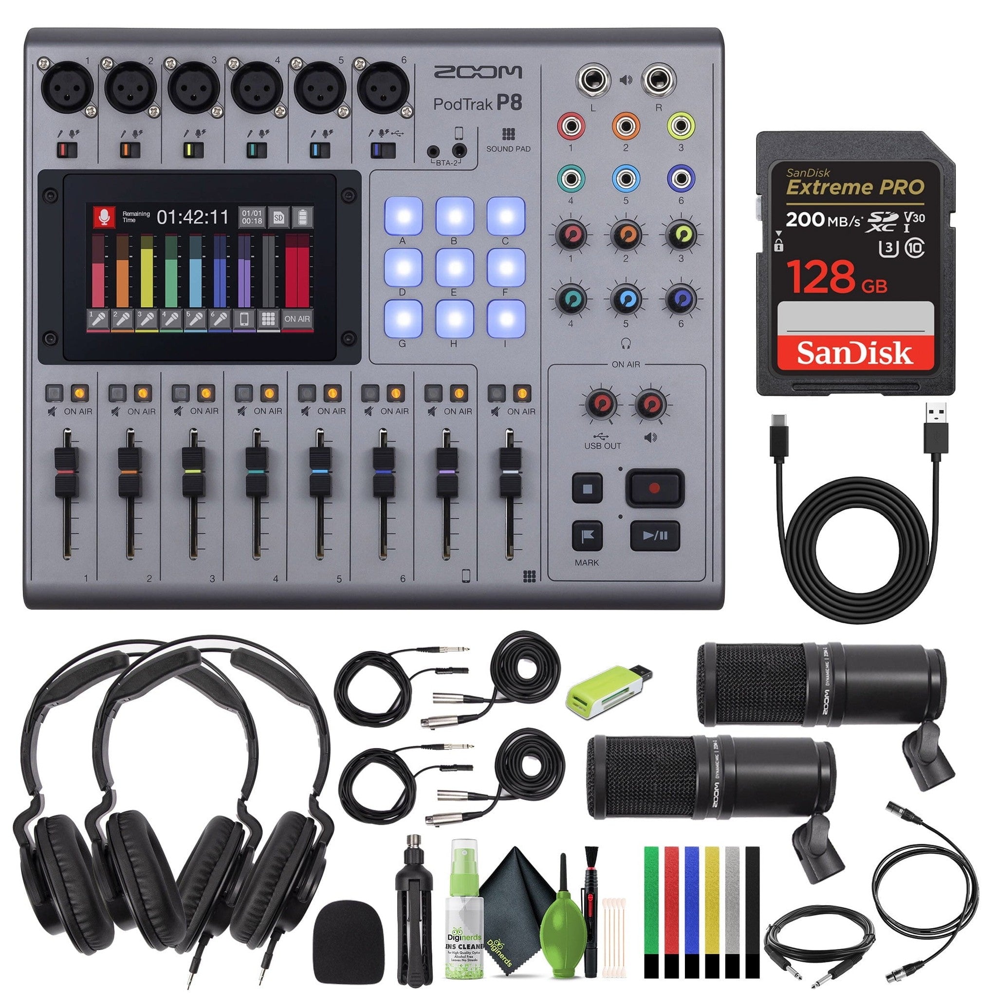 Zoom PodTrak P8 Podcast Recorder, 6 Microphone Inputs, 6 Headphone Outputs, Phone Input, Sound Pads, Onboard Editing, Record to SD card, USB Audio Interface, Battery Powered Zoom