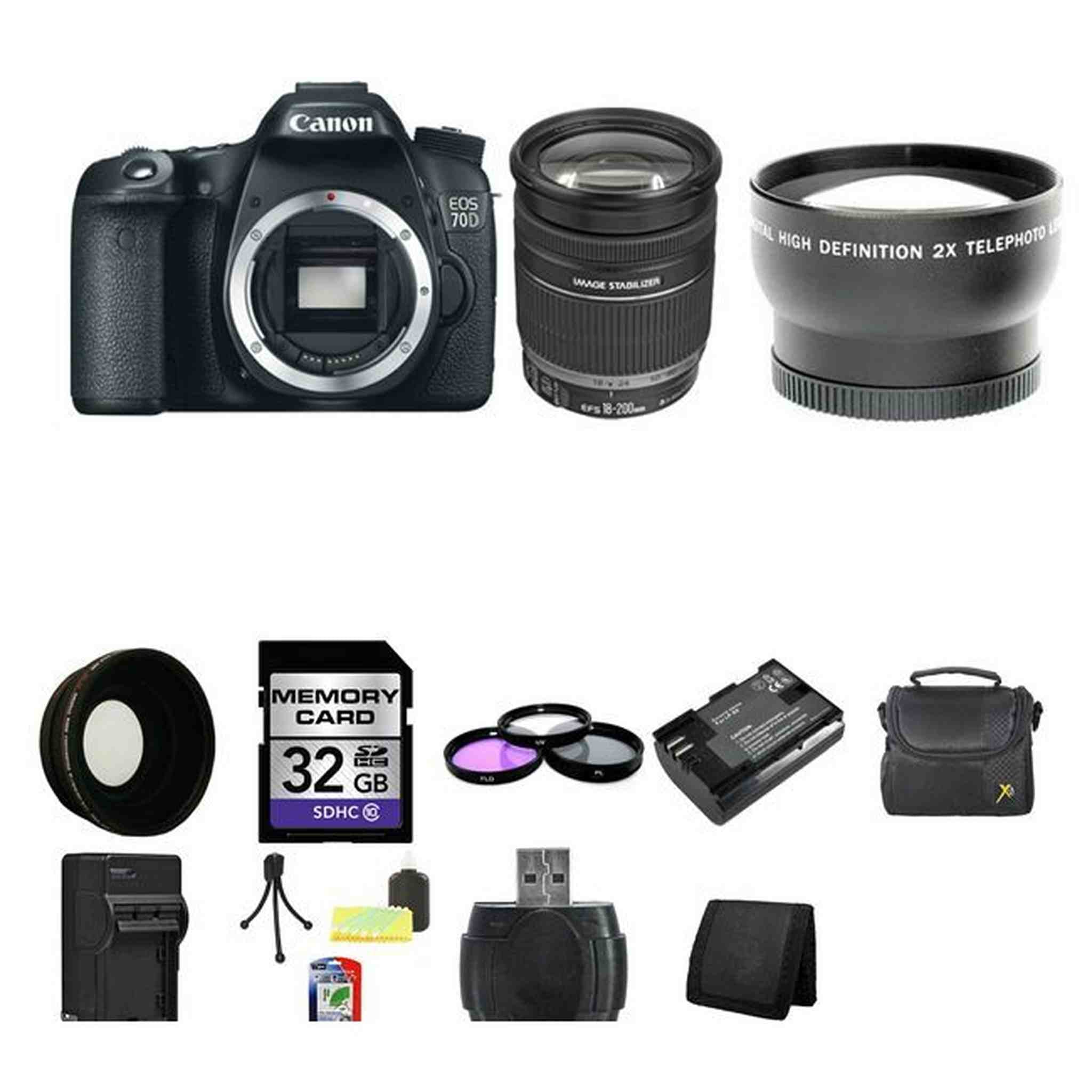 Canon EOS 70D SLR Camera w/18-200mm Lens 32GB Package Canon