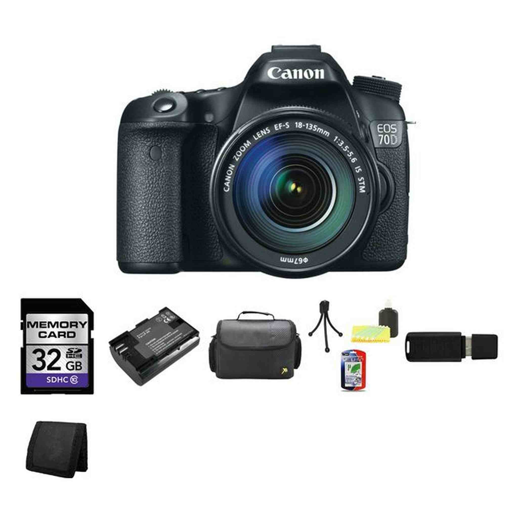 Canon EOS 70D DSLR Camera w/18-135mm Lens + Extra Battery, 32GB & More Canon