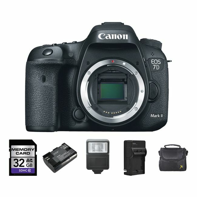 Canon EOS 7D Mark II DSLR Camera + 2 Batteries, 32GB, Flash Bundle