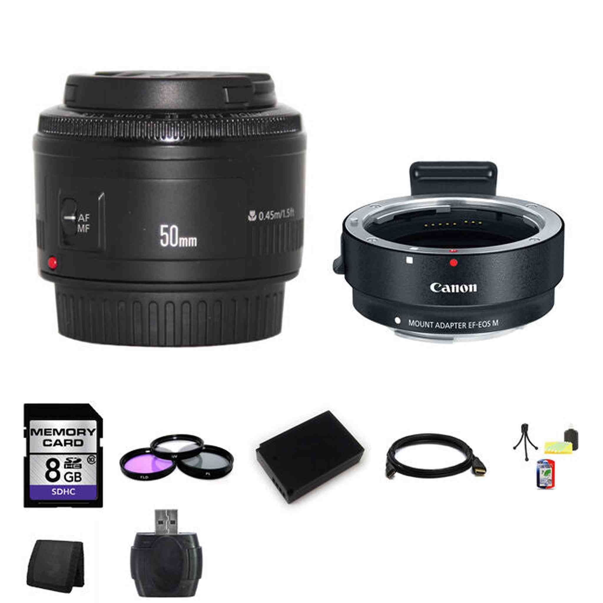 Canon EF 50mm f/1.8 II Lens w/EF-M Adaptor For EF/EF-S Lenses 8GB Package Canon