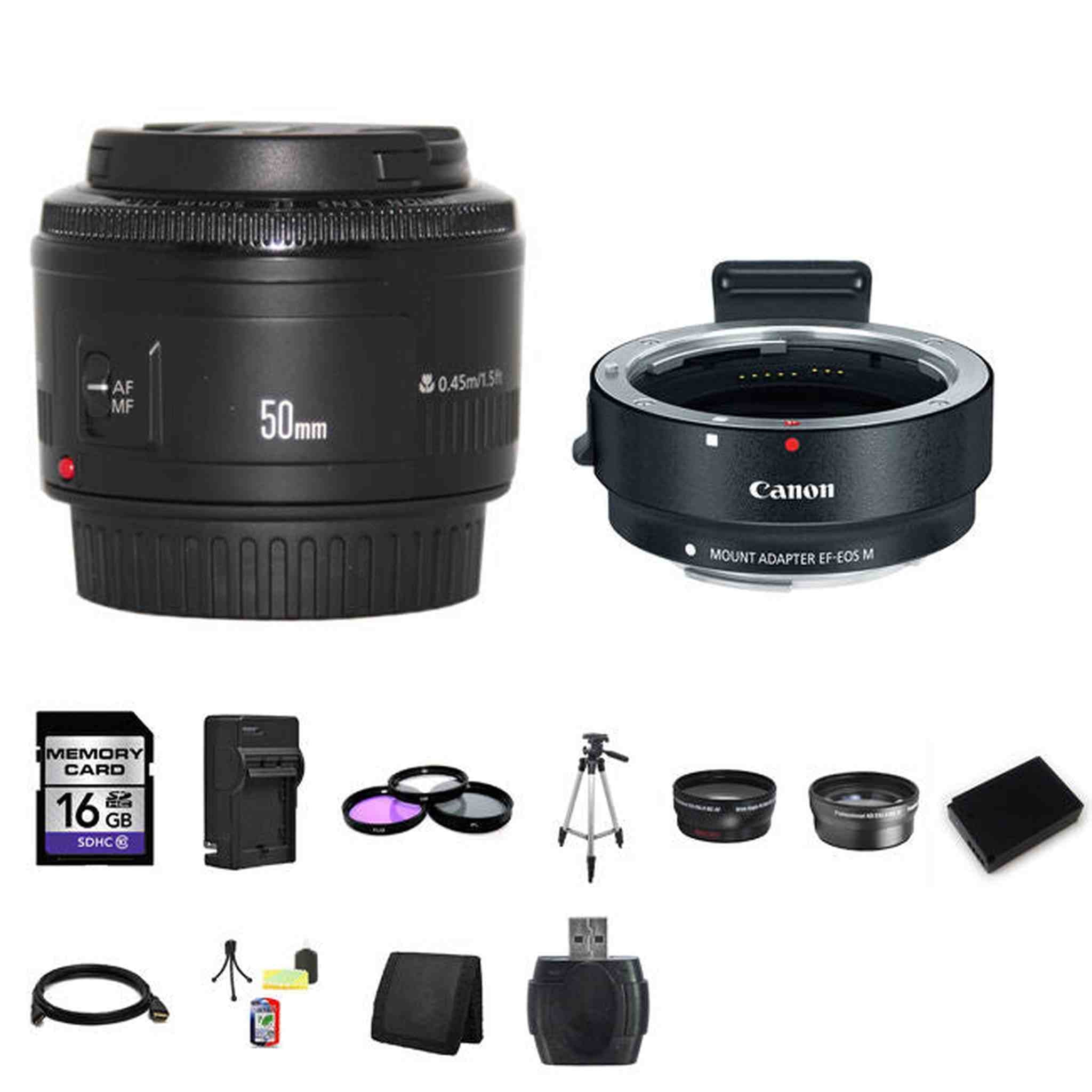 Canon EF 50mm f/1.8 II Lens w/EF-M Adaptor For EF/EF-S Lenses 16GB Package Canon