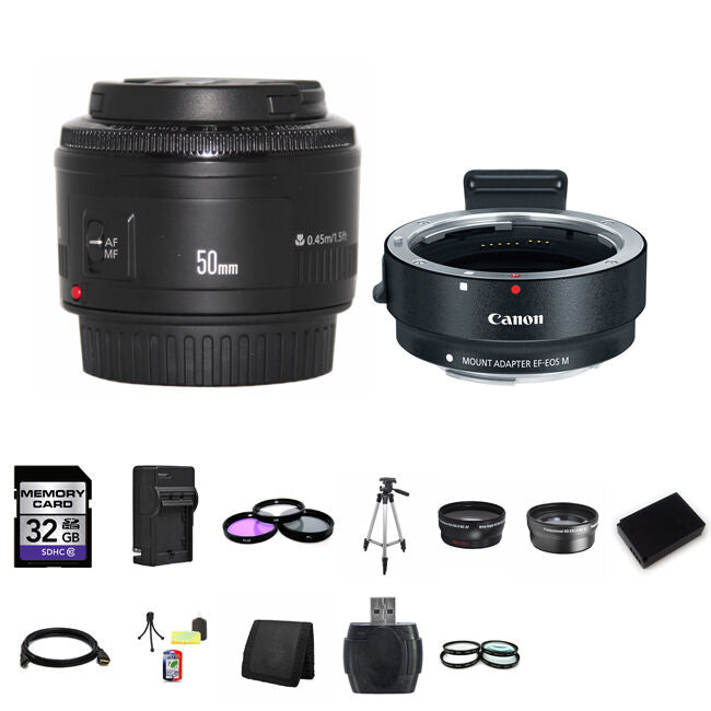 Canon EF 50mm f/1.8 II Lens w/EF-M Adaptor For EF/EF-S Lenses 32GB Bundle