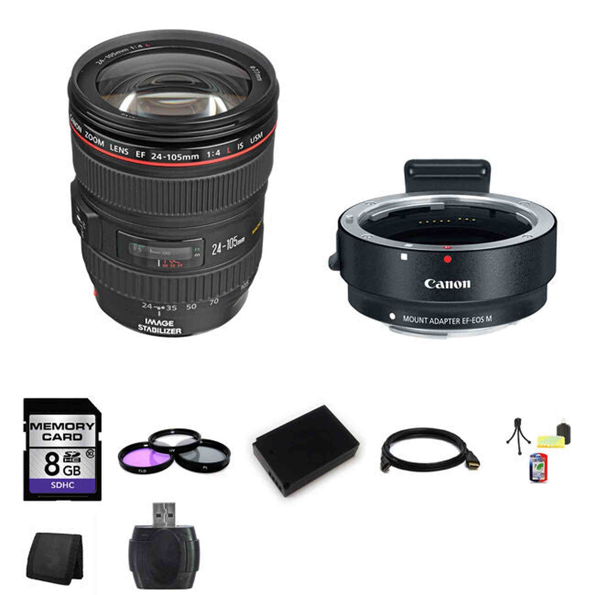 Canon 24-105mm f/4L IS USM Lens w/EF-M Adaptor for EF/EF-S Lenses 8GB Package Canon