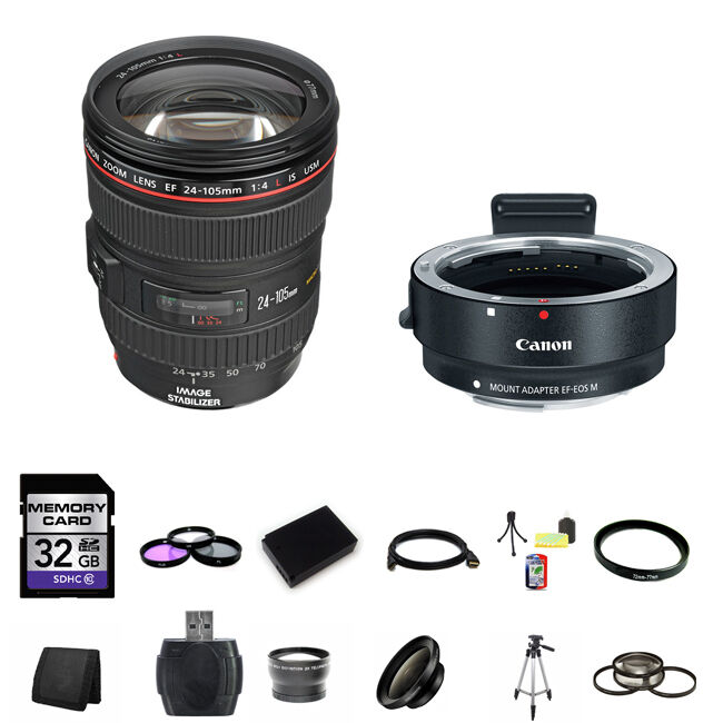 Canon 24-105mm f/4L IS USM Lens w/EF-M Adaptor for EF/EF-S Lenses 32GB Pro Bundle