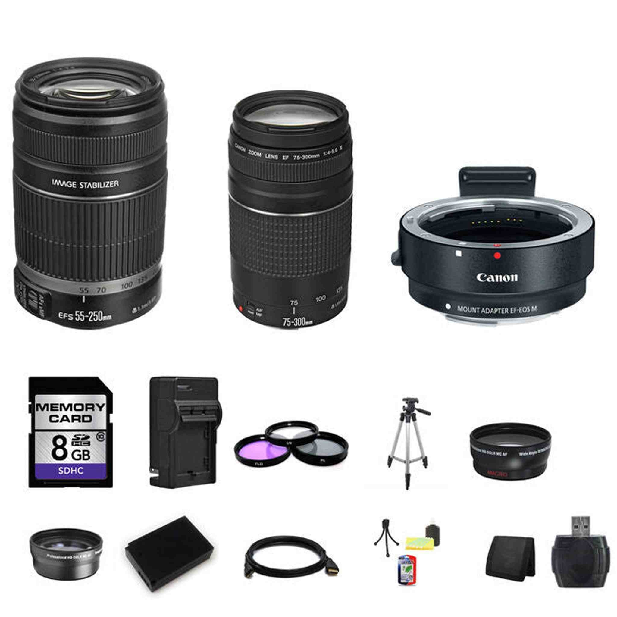 Canon 55-250mm & 75-300mm Lens w/EF-M Adaptor for EF/EF-S Lenses 8GB Package