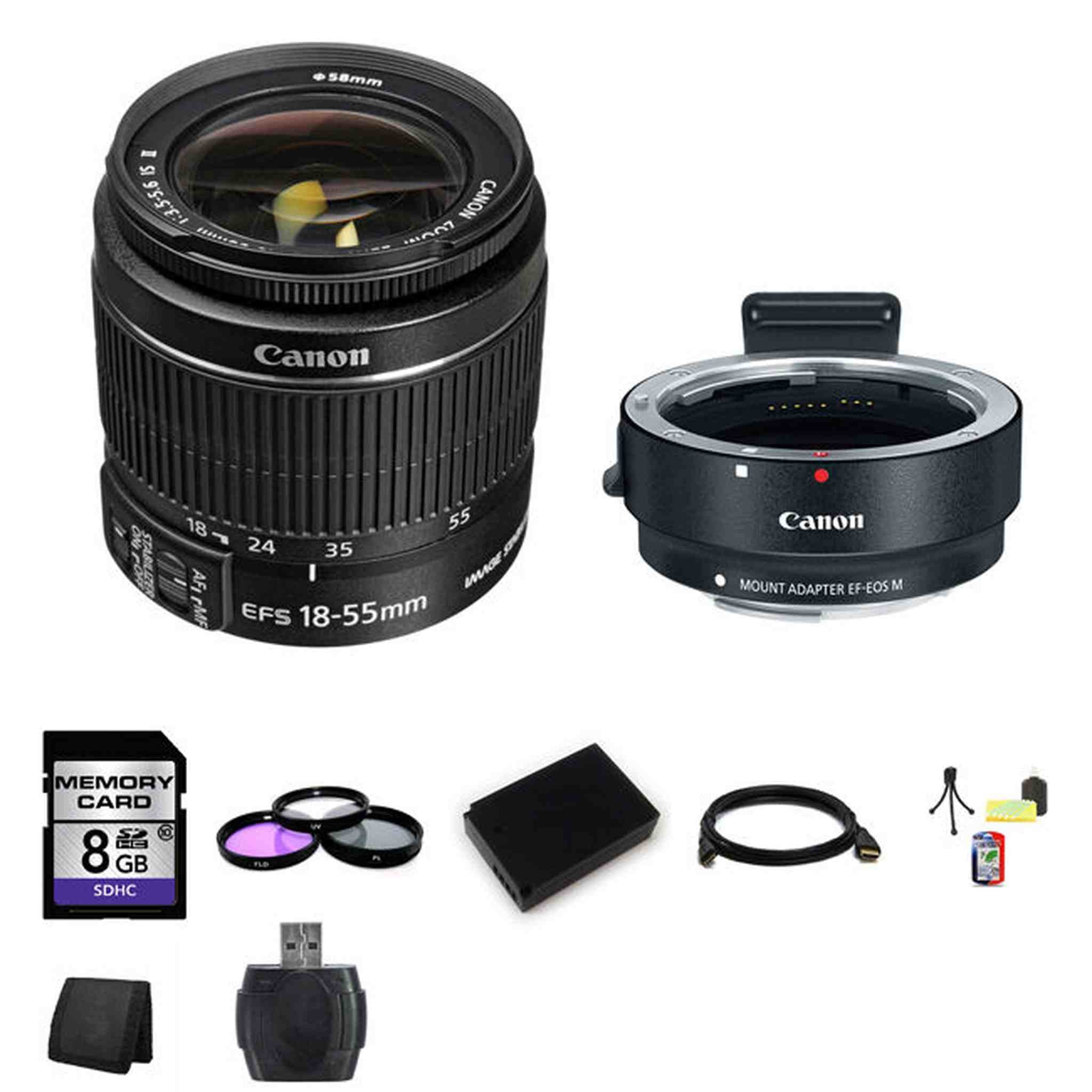 Canon EF-S 18-55mm Lens w/EF-M Adapter For EF/EF-S Lenses 8GB Package Canon