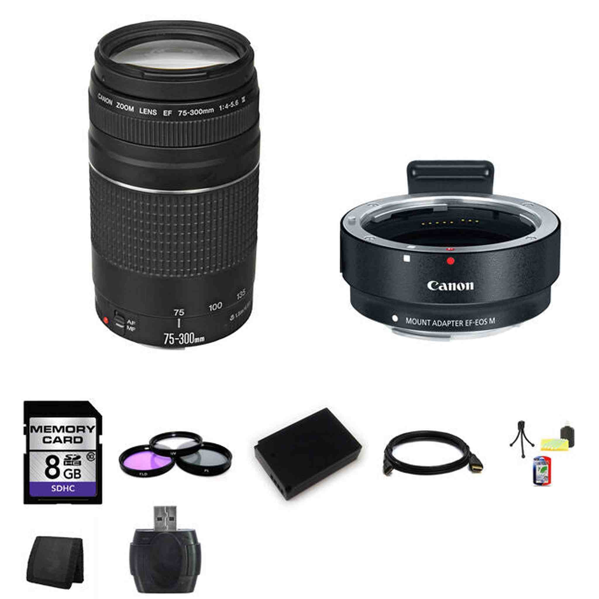 Canon EF 75-300mm f/4-5.6 III Lens w/EF-M Adaptor for EF/EF-S Lenses 8GB Package Canon