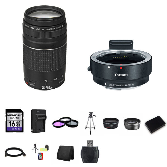 Canon EF 75-300mm f/4-5.6 Lens w/EF-M Adaptor for EF/EF-S Lenses 16GB Ultimate Bundle