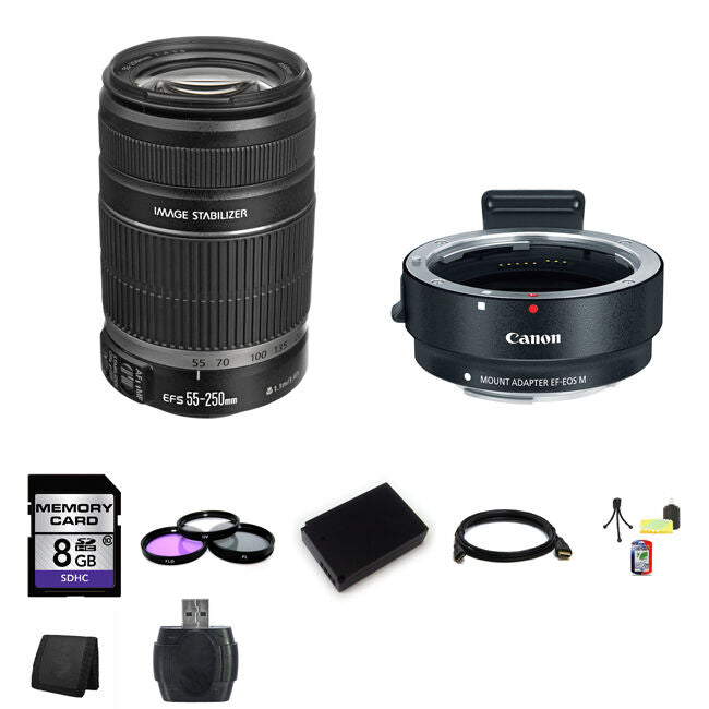 Canon EF-S 55-250mm Lens w/EF-M Adapter For EF/EF-S Lenses 8GB Package